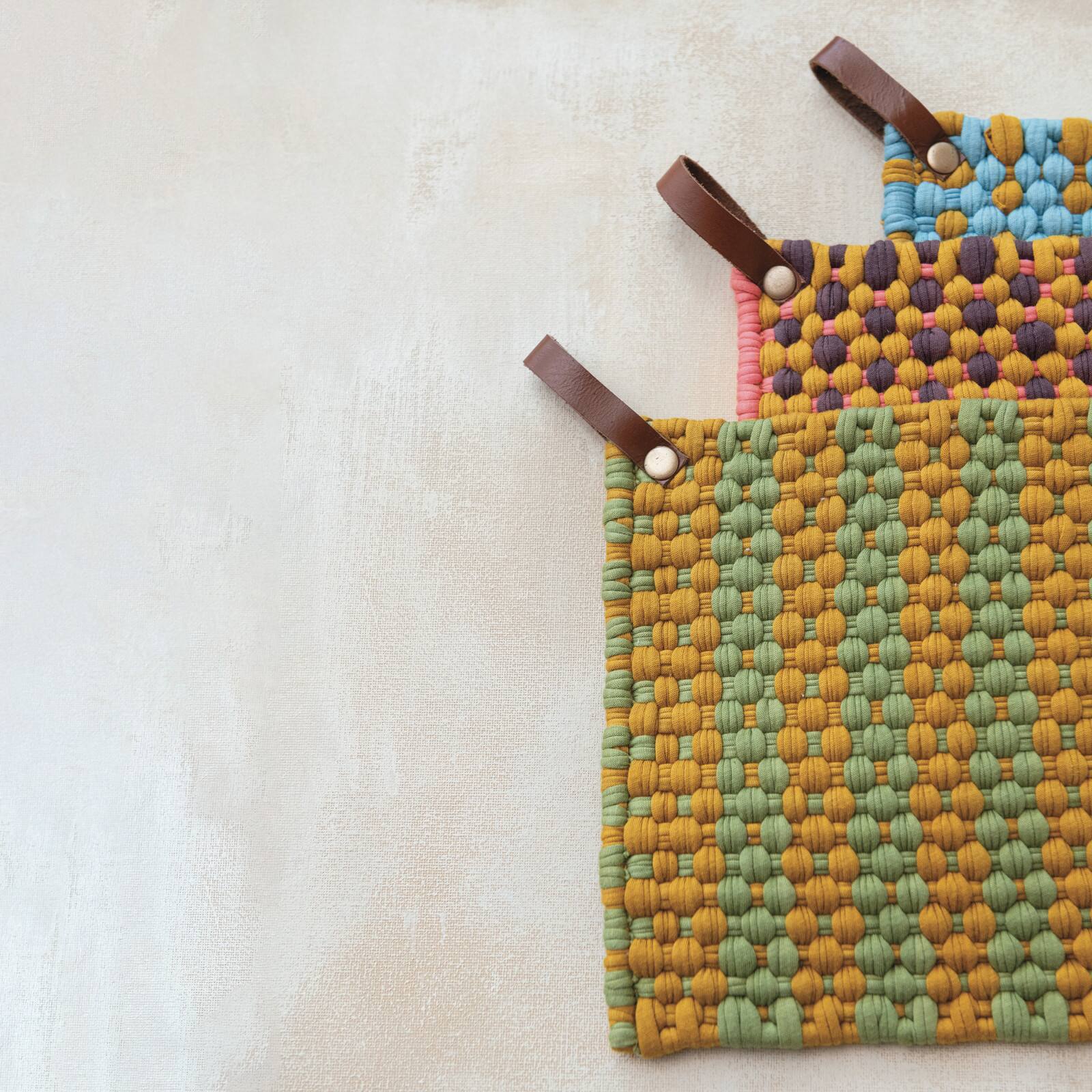 Hello Honey&#xAE; Multi-Tone Cotton Crocheted Pot Holders with Leather Loop Set