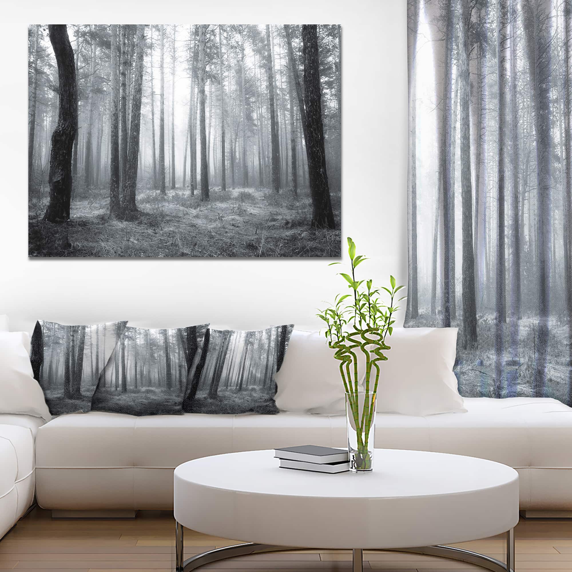 Designart - Black and White Foggy Forest - Forest Canvas Art Print