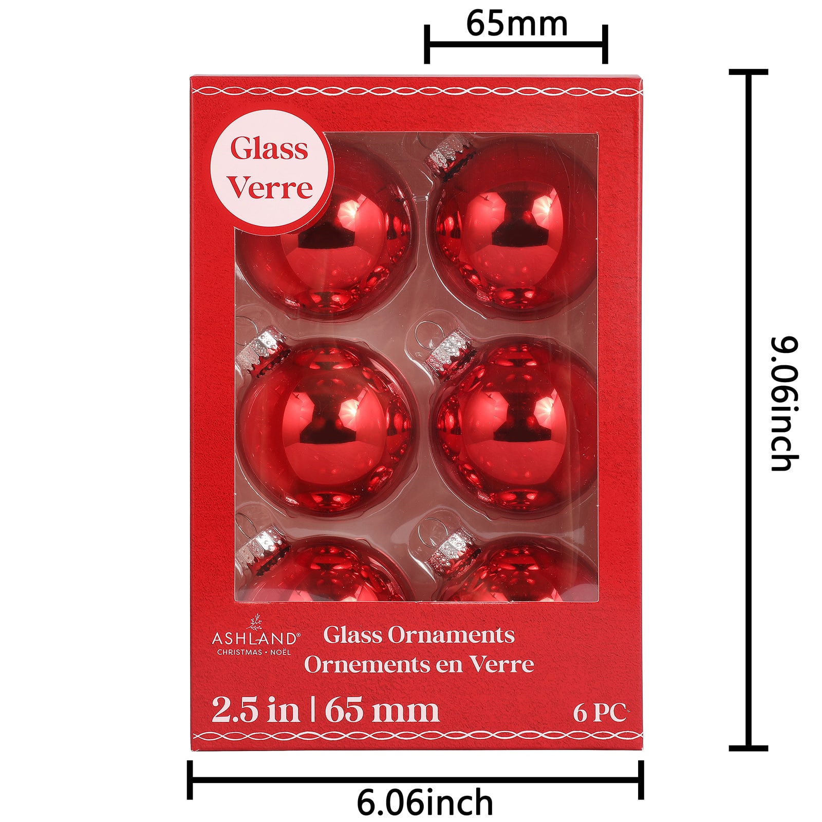 6 Pack 2.5" Red Shiny Glass Ball Ornaments by Ashland®