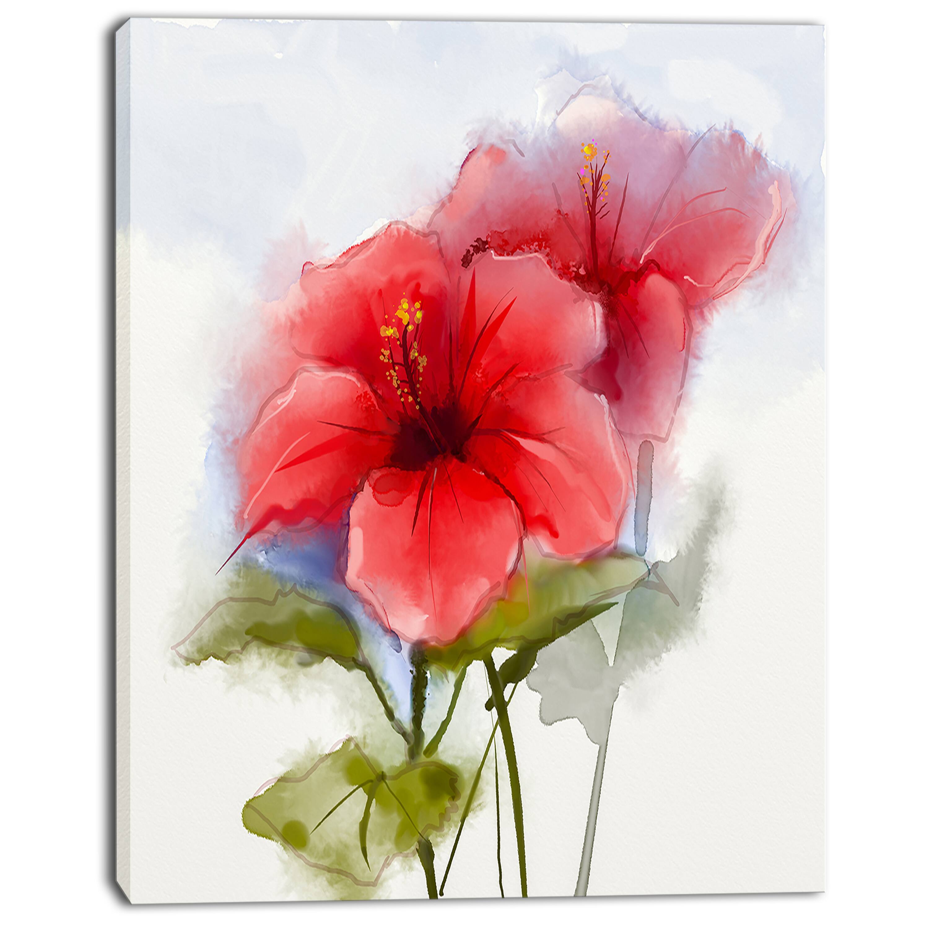 Designart - Watercolor Painting Red Hibiscus Flower - Large Floral Canvas Art Print