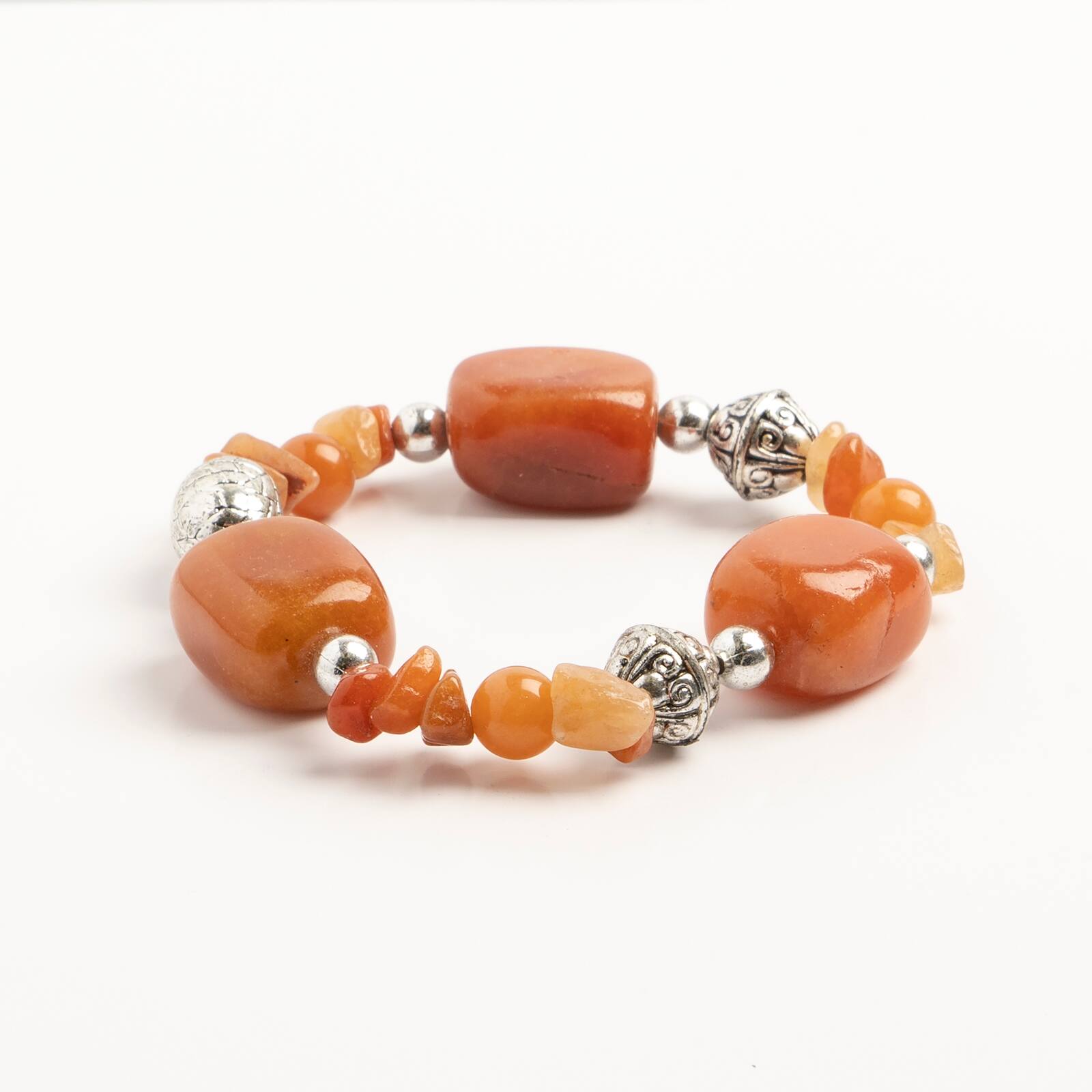 John Bead Peach Aventurine & Silver Filigree Bead Stretch Bracelet