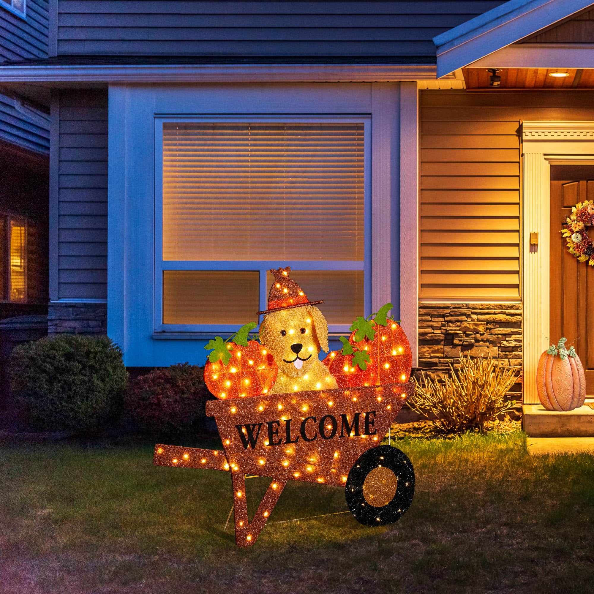 Glitzhome&#xAE; 36.25&#x22; Lighted Fall Pumpkin Wheel Barrow Outdoor Decor with Warm White LED Lights