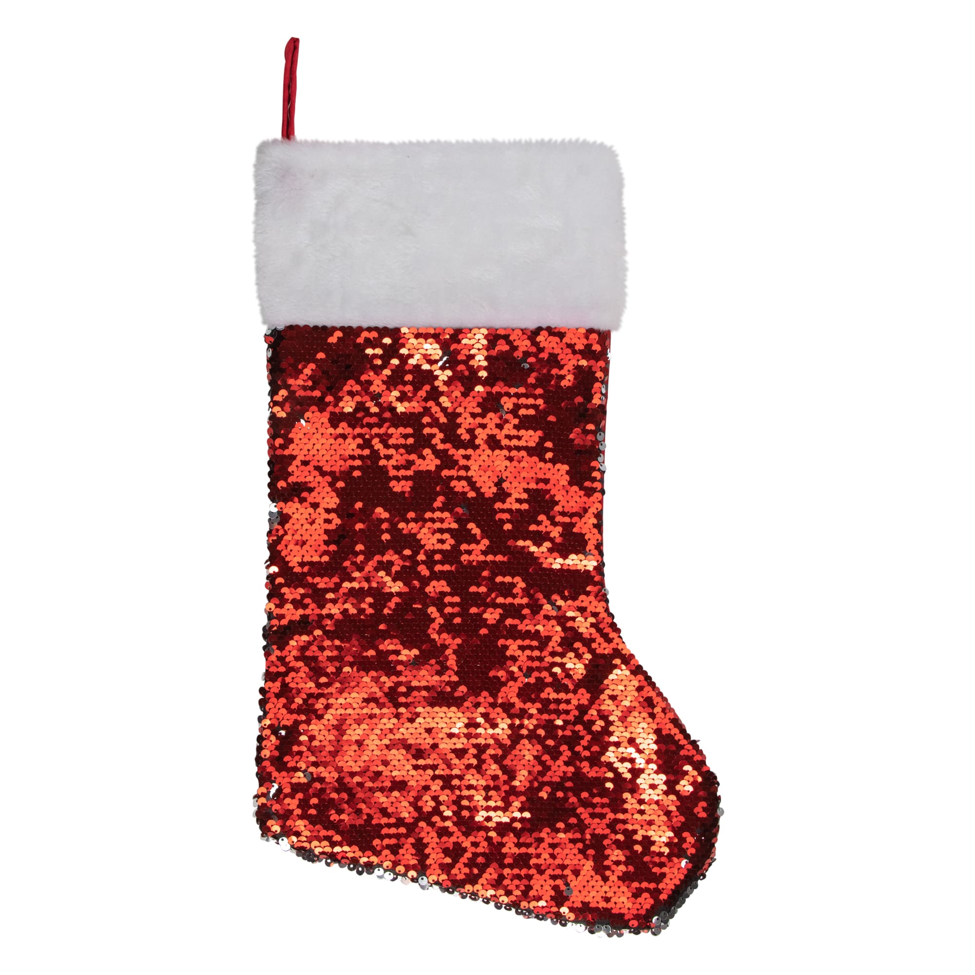 19" Red & Silver Sequin Christmas Stocking with White Faux Fur Cuff