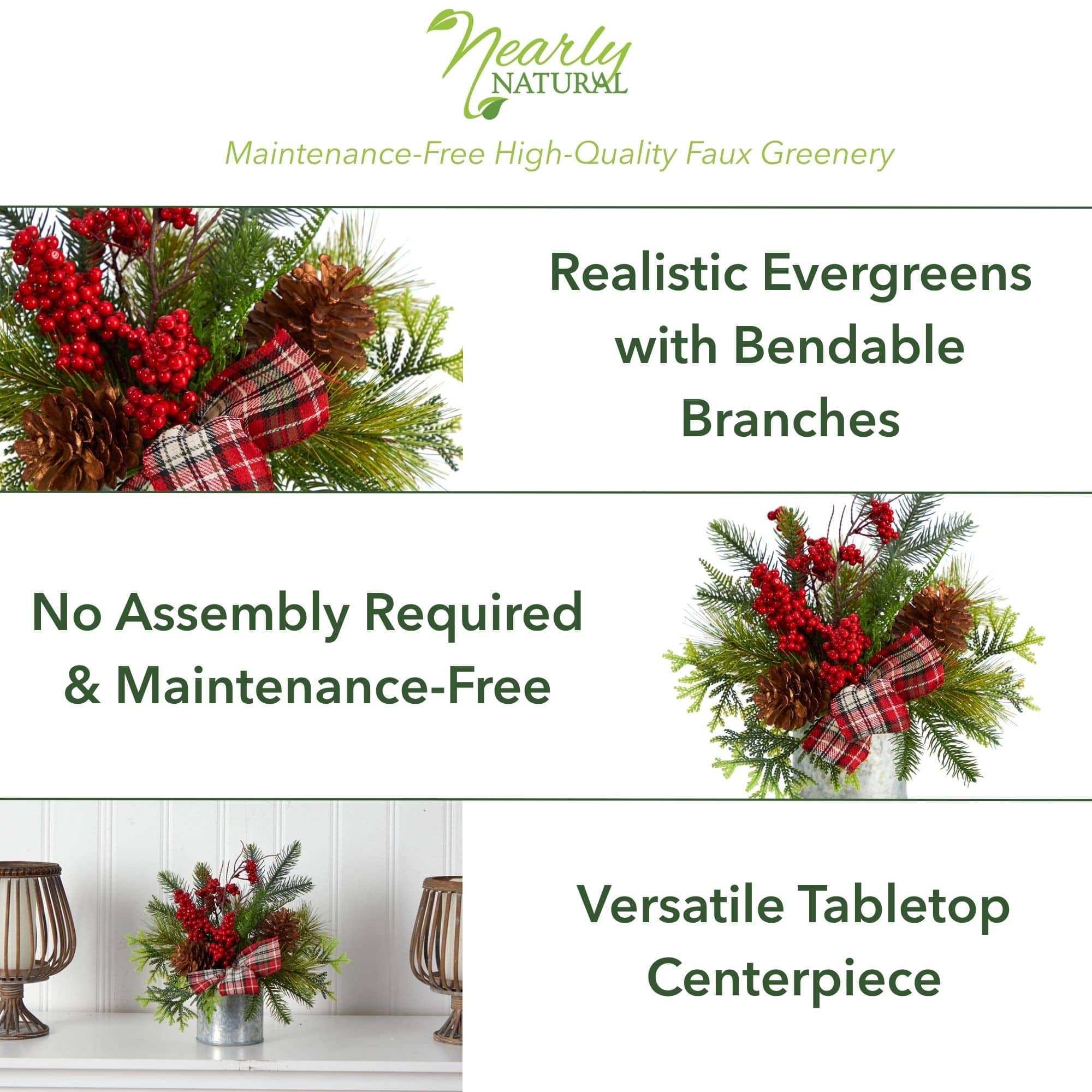 12&#x22; Holiday Winter Pinecones, Berries, Greenery &#x26; Plaid Bow Arrangement
