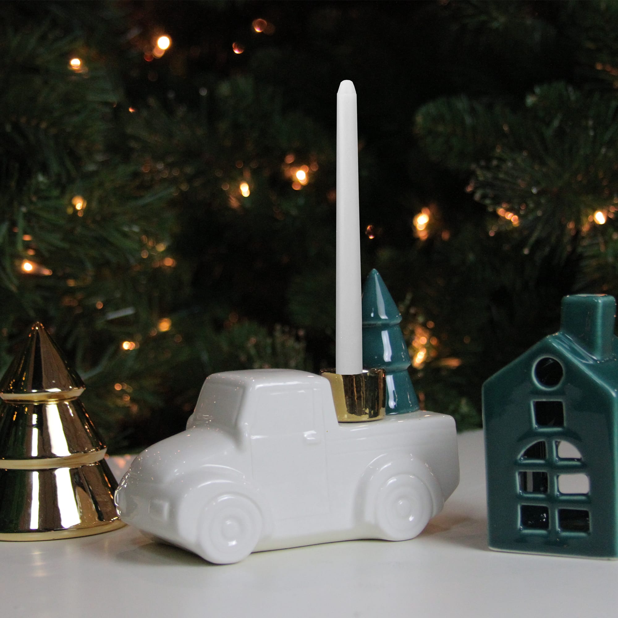 5" White Ceramic Truck with Christmas Tree Taper Candlestick Holder