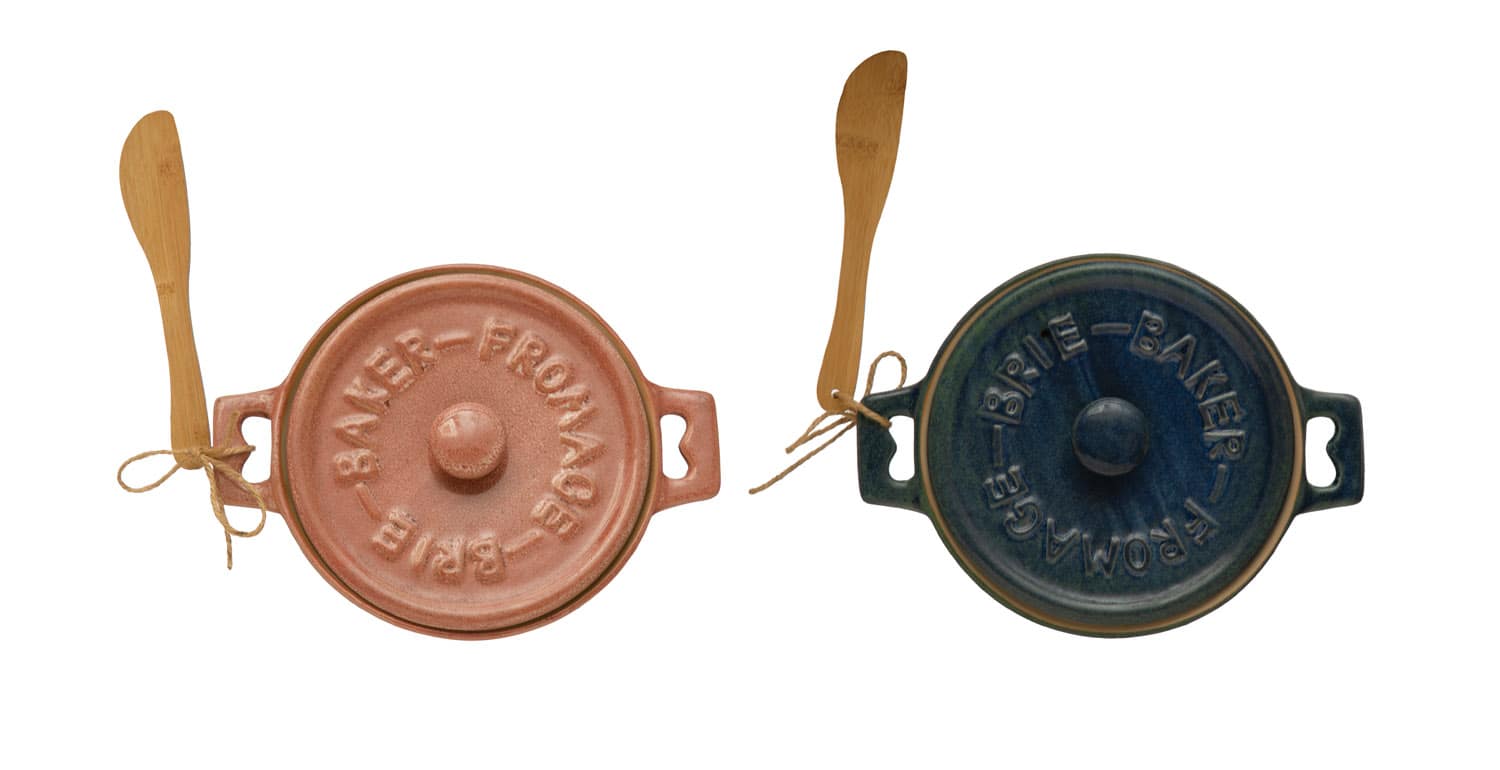 Hello Honey® Pink Stoneware Brie Bakers with Bamboo Spreader, 2ct.