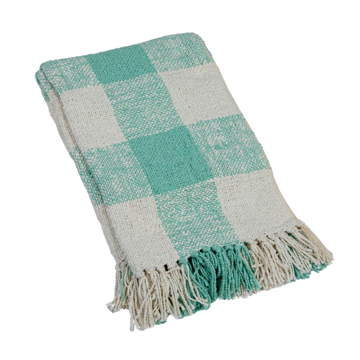 Hello Honey&#xAE; Mint &#x26; Cream Plaid Hand-Woven Cotton Throw with Fringe