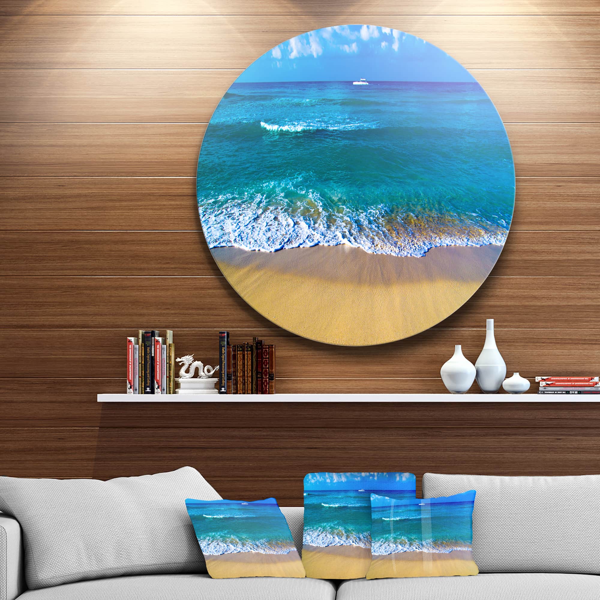 Designart - Floating Blue Waves Beach&#x27; Large Seashore Metal Circle Wall Art