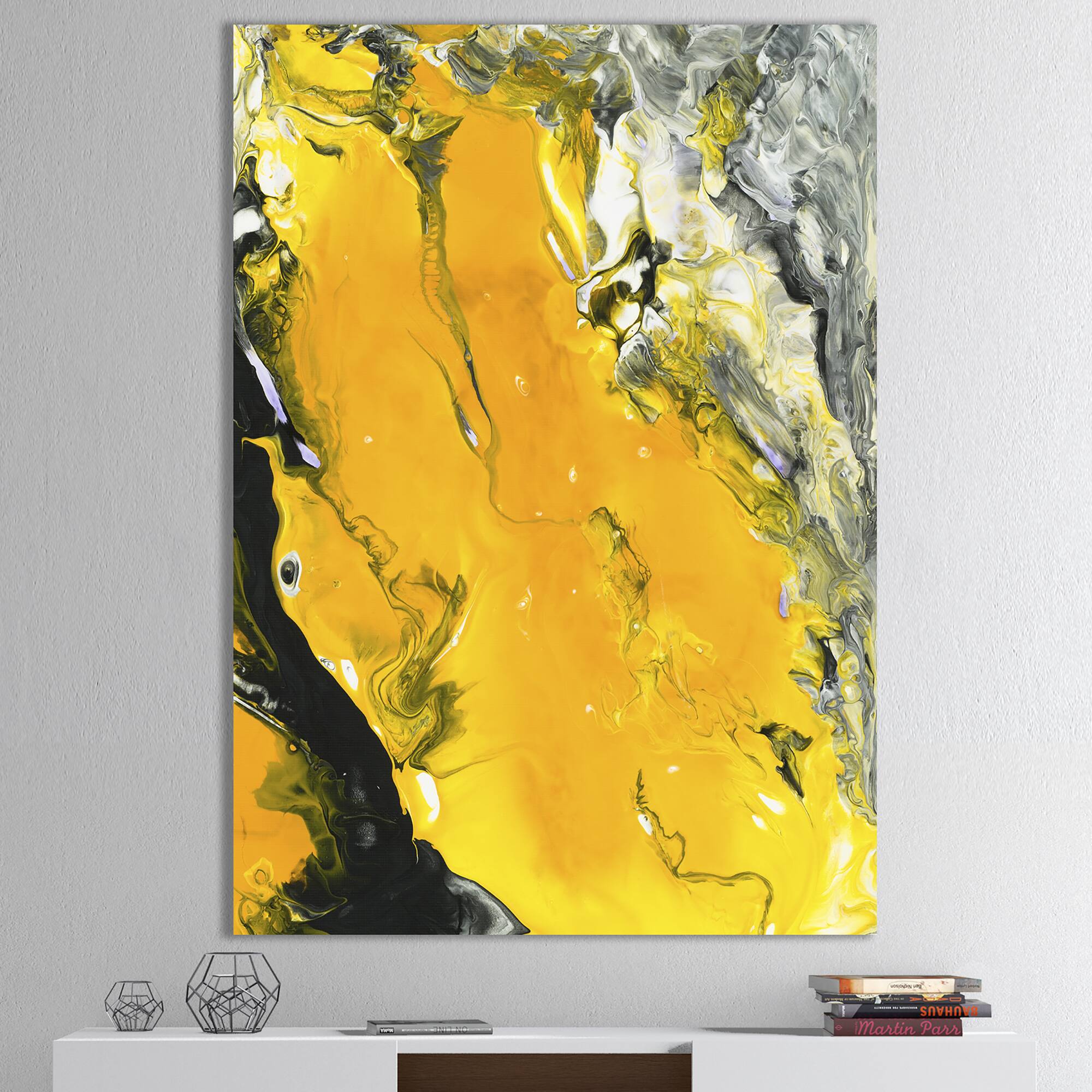 Designart - Yellow , Black and Marbled Acrylic Painting - Modern & Contemporary Premium Canvas Wall Art