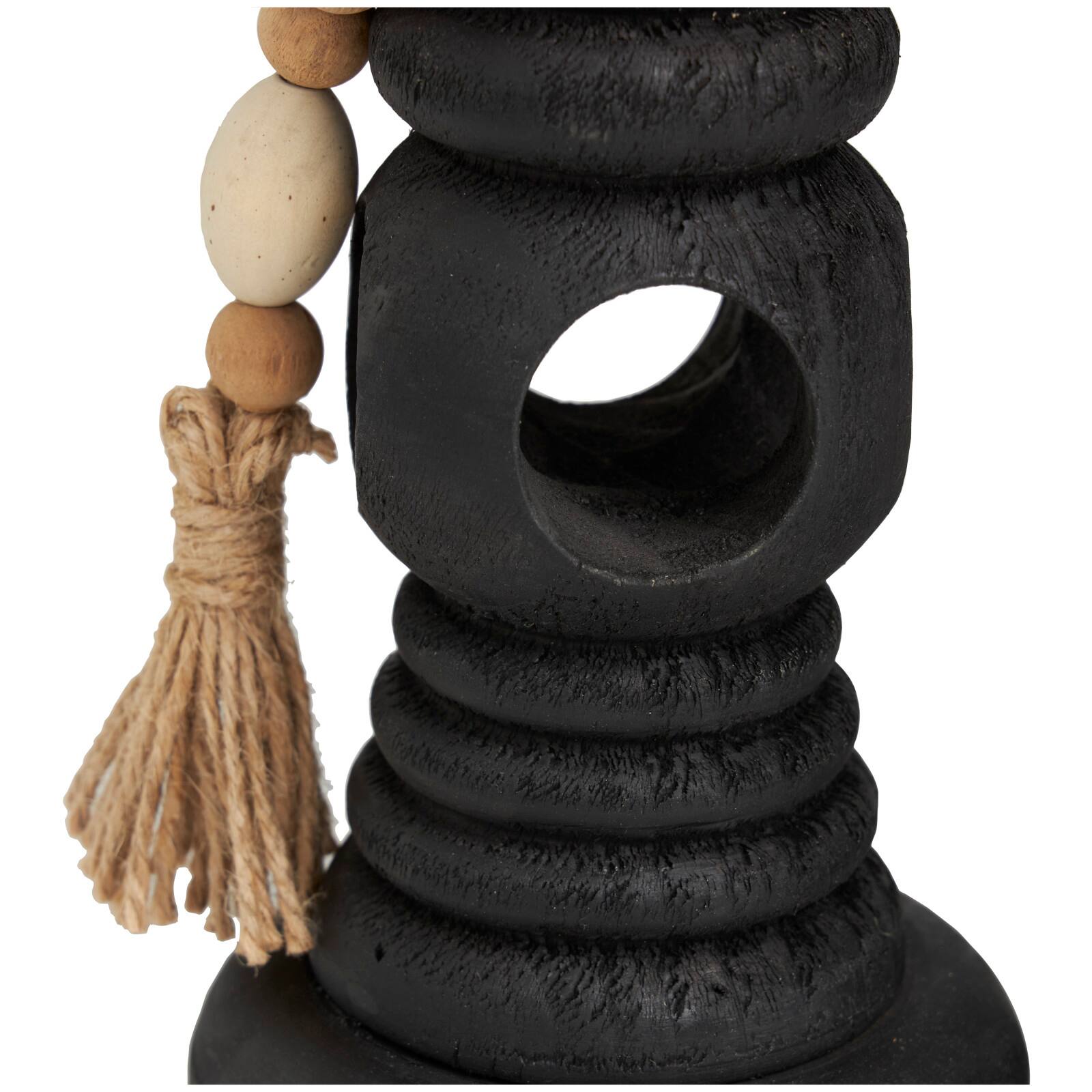 Black Wood Handmade Textured Matte Candle Holder with Beaded Garland Set