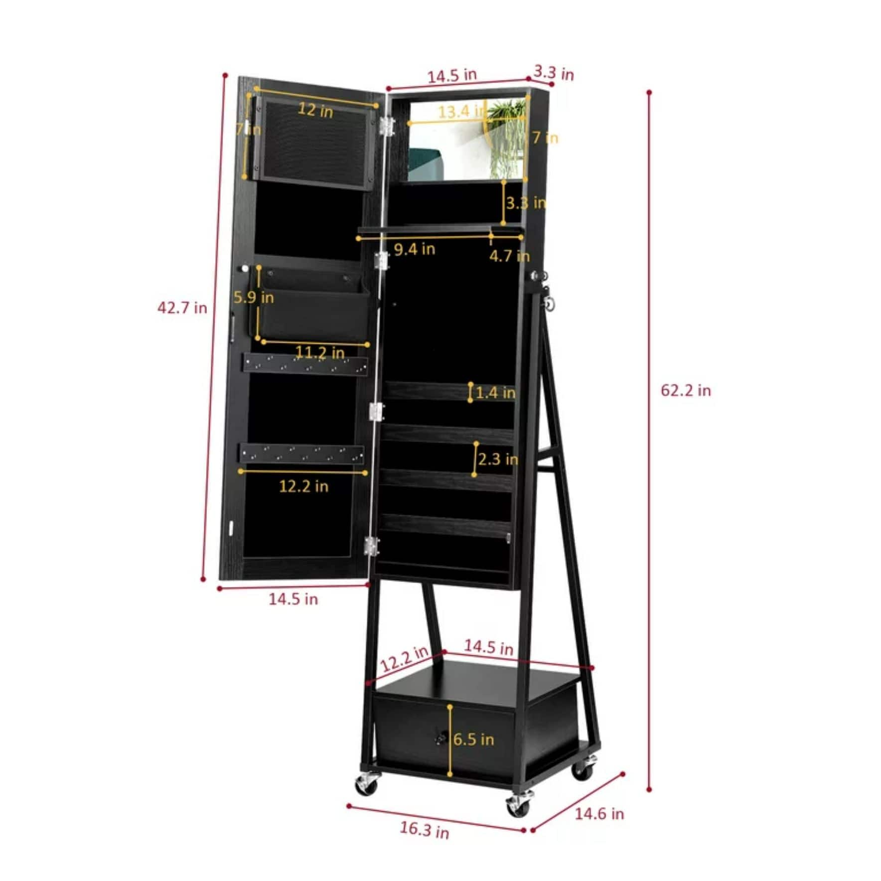 NEX&#x2122; 5ft. Black Jewelry Armoire on Casters with Chest Drawer