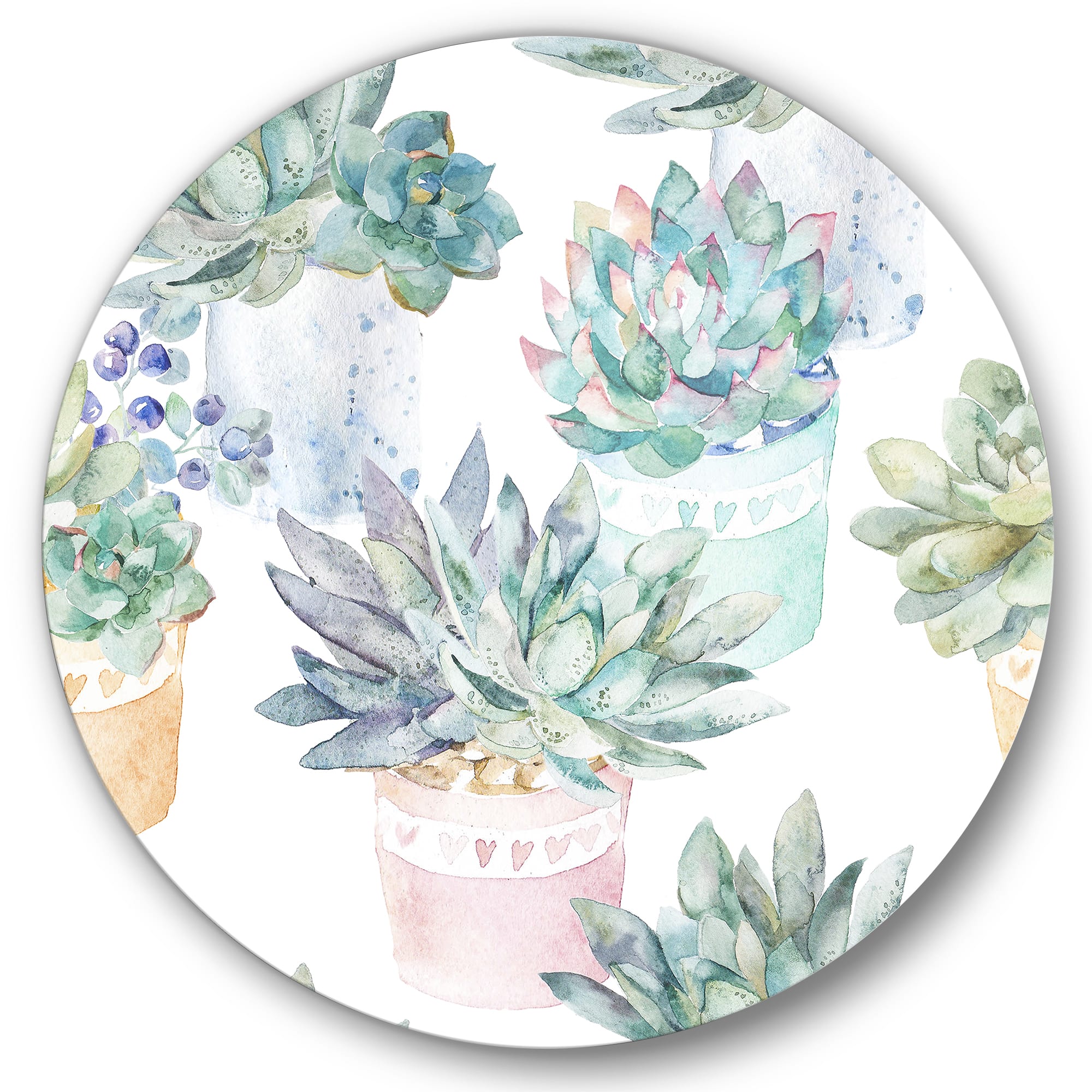 Designart - Pastel Toned Succulent Housplants - Traditional Metal Circle Wall Art