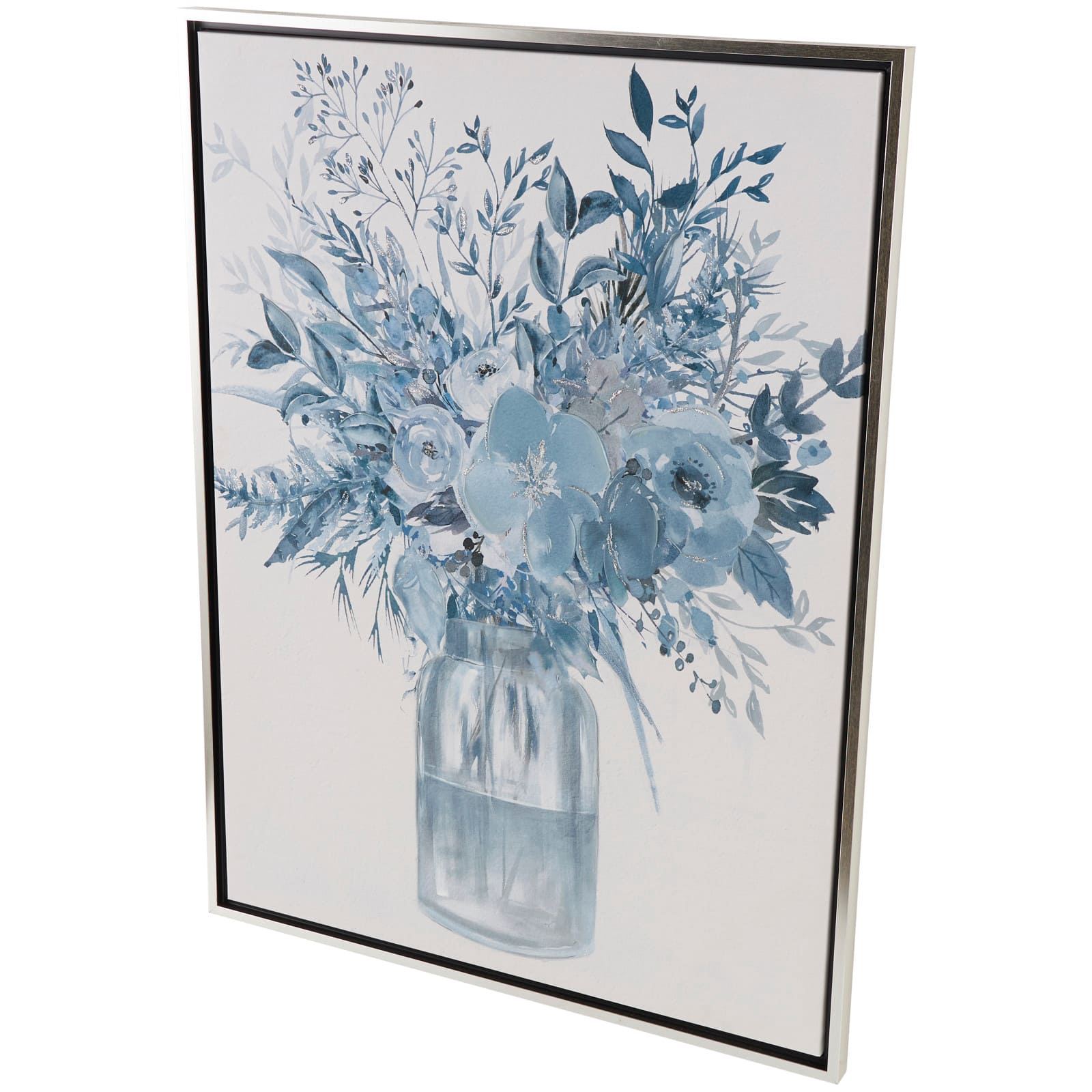 30" x 40" Blue Canvas Floral Bouquet Framed Wall Art with Silver Frame
