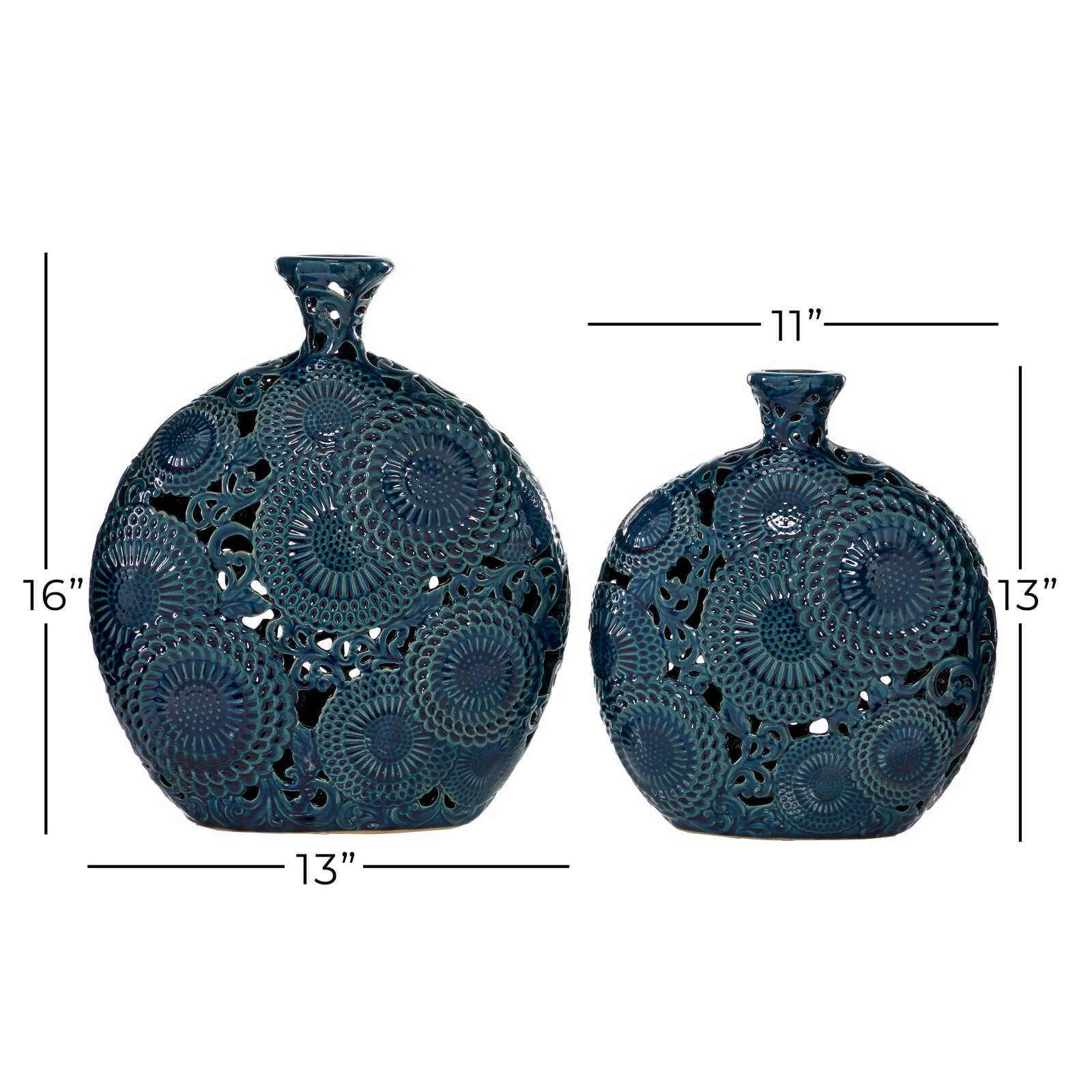 Set of 2 Blue Stoneware Eclectic Vase, 16", 13"