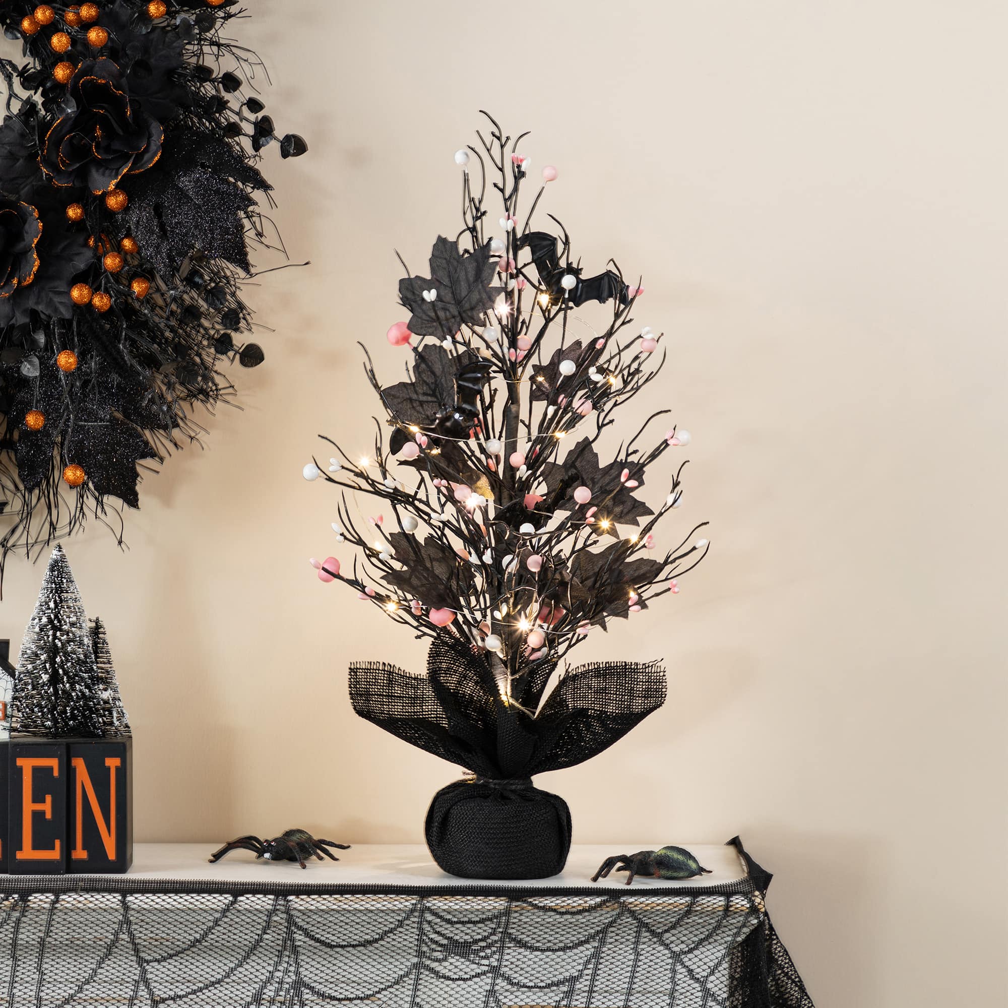 Glitzhome&#xAE; 20&#x22;H Lighted Black and Pink Halloween Berries Table Tree