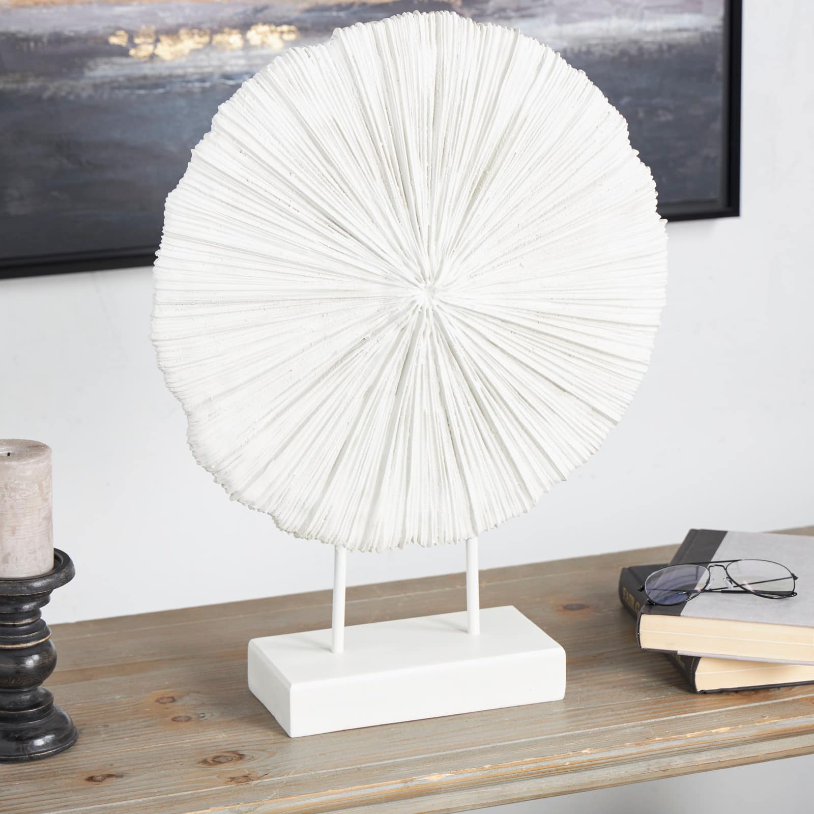 23&#x22; Cream Resin Coral Textured Round Sculpture