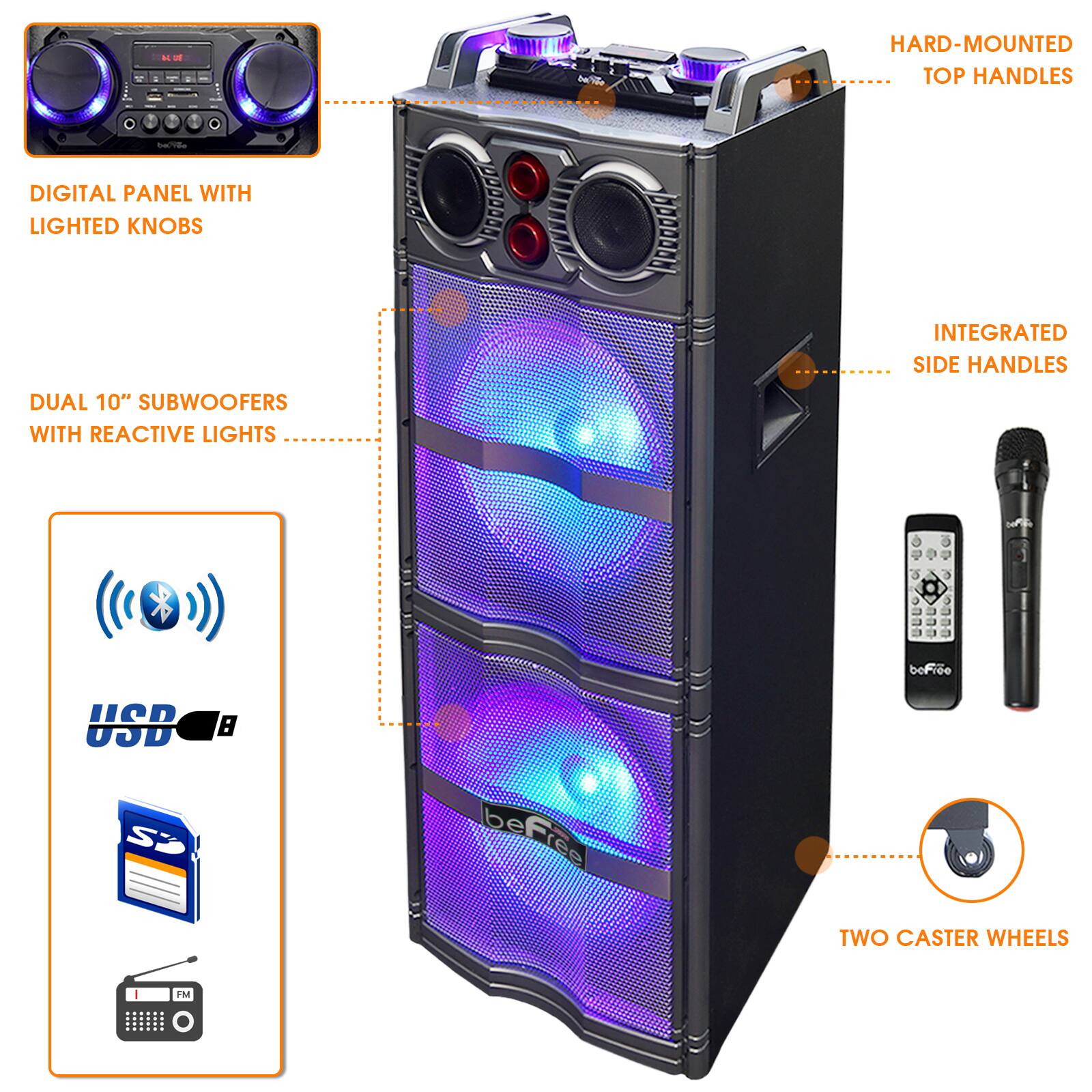 beFree Sound Double 10" Subwoofer Portable Bluetooth Party Speaker With Reactive Lights