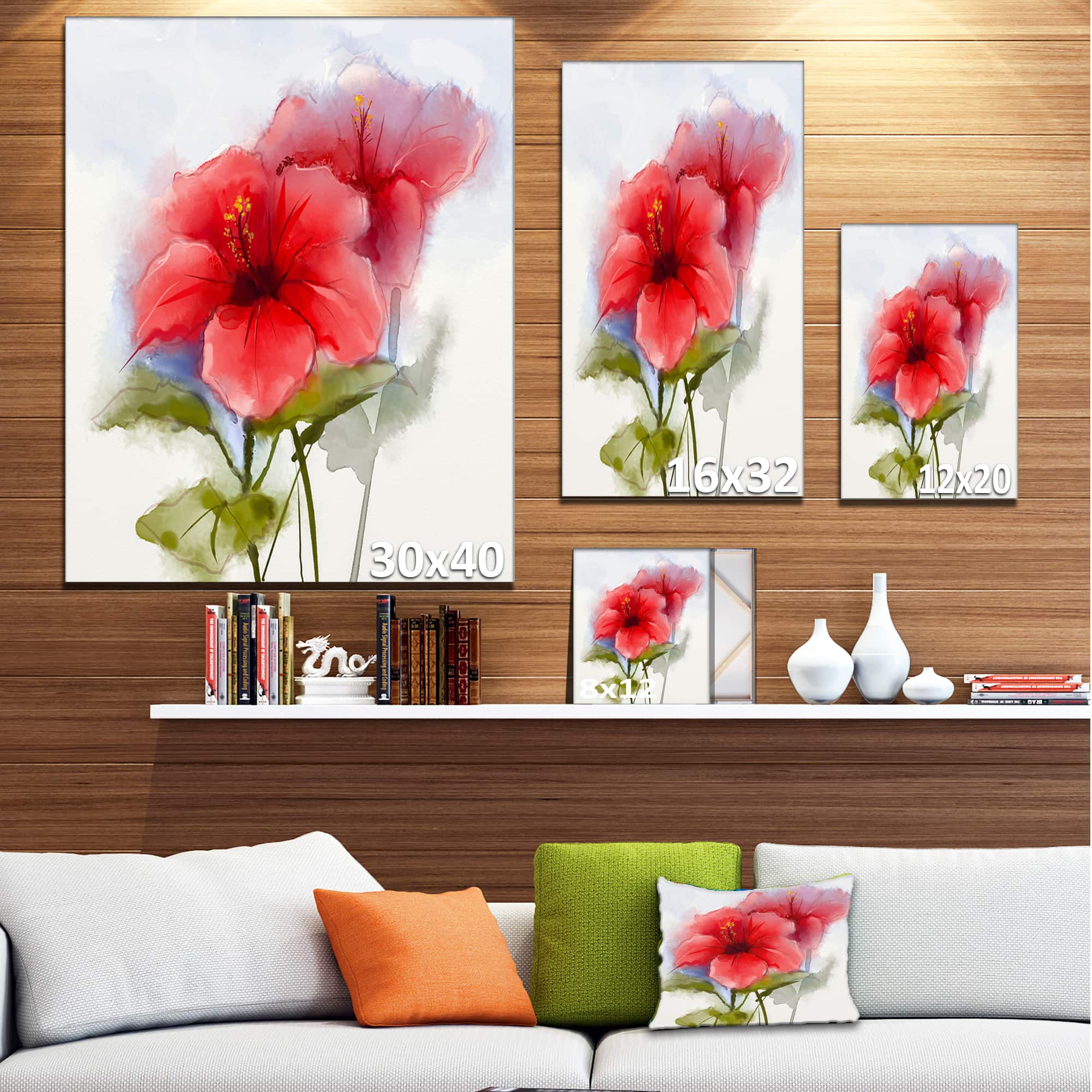 Designart - Watercolor Painting Red Hibiscus Flower - Large Floral Canvas Art Print