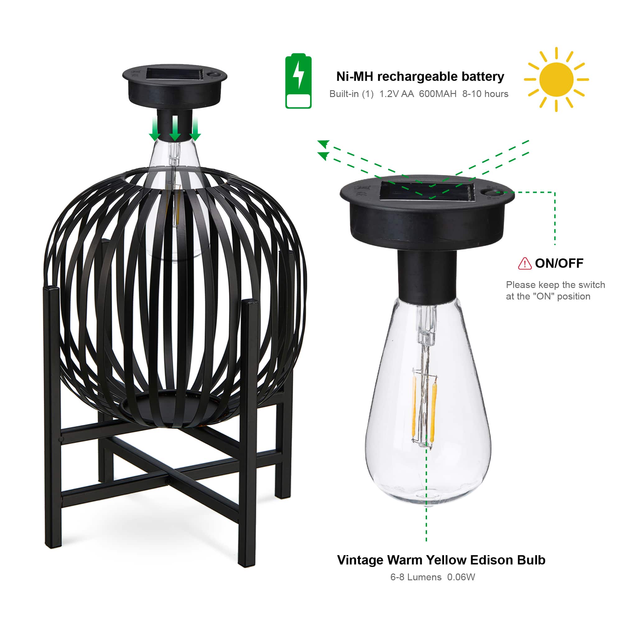 Glitzhome&#xAE; 11.5&#x22; Black Slim Metal Stripes Solar Powered Edison Bulb Outdoor Lantern, 2ct.