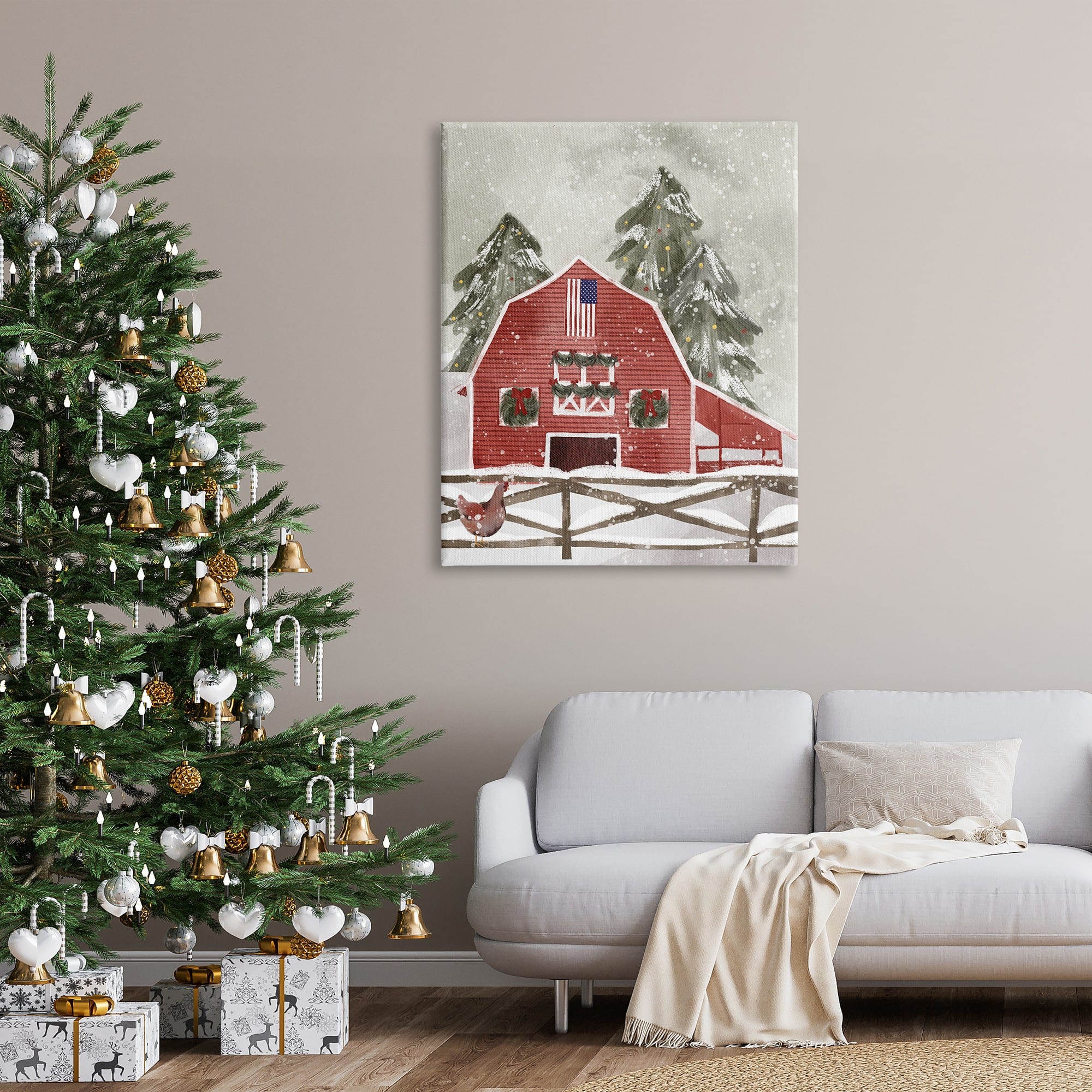 Stupell Industries Snowy Country Barn American Flag Canvas Wall Art
