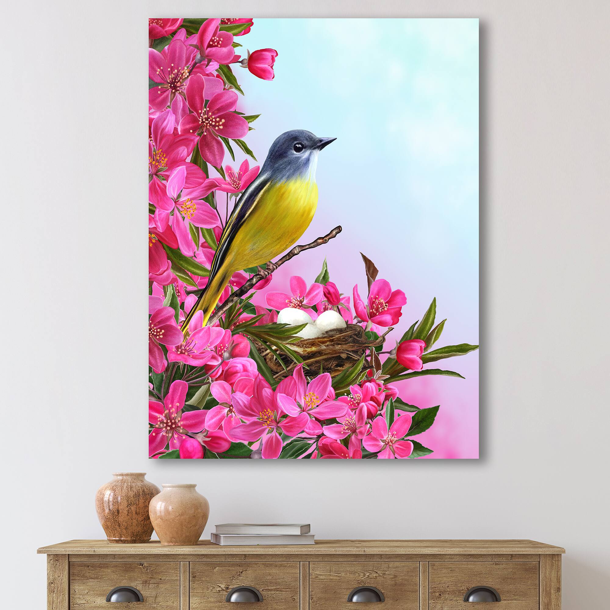Designart - Little Yellow Bird Near The Nest with Flowers