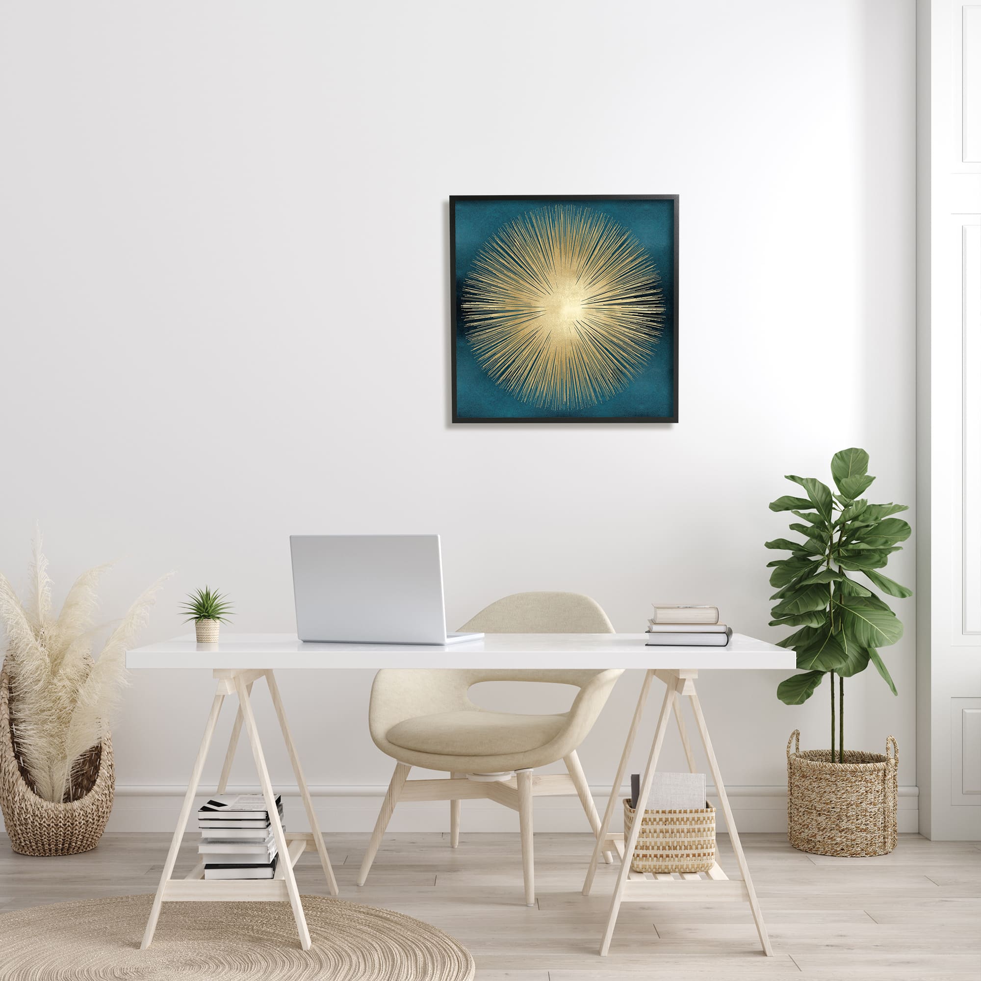 Stupell Industries Abstract Deco Sunburst Shape Over Dark Blue in Black Frame Wall Art