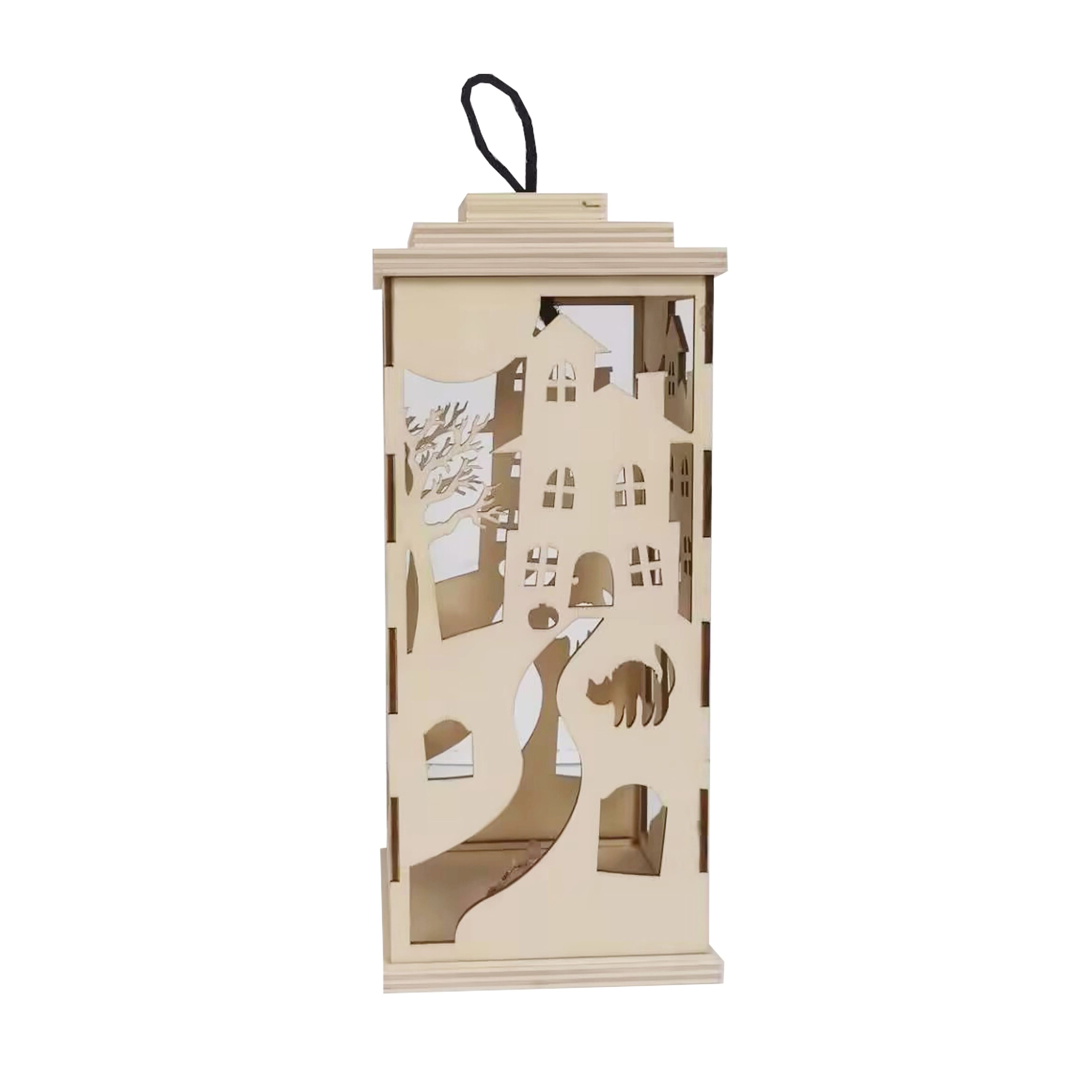 10&#x22; DIY LED Haunted House Wood Lantern D&#xE9;cor by Make Market&#xAE;