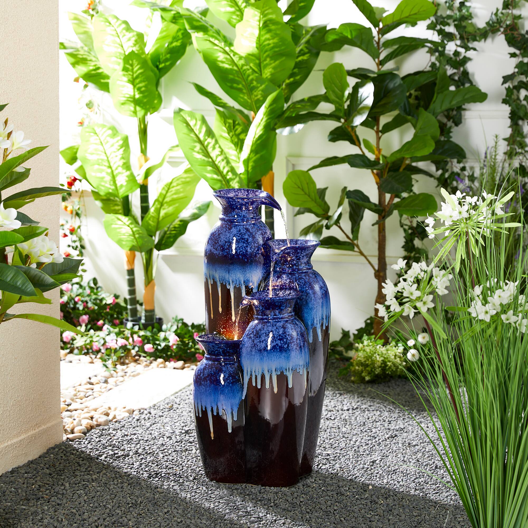 Glitzhome&#xAE; 30.75&#x22; 4-Tier LED Reactive Glaze Ceramic Vase Outdoor Floor Fountain