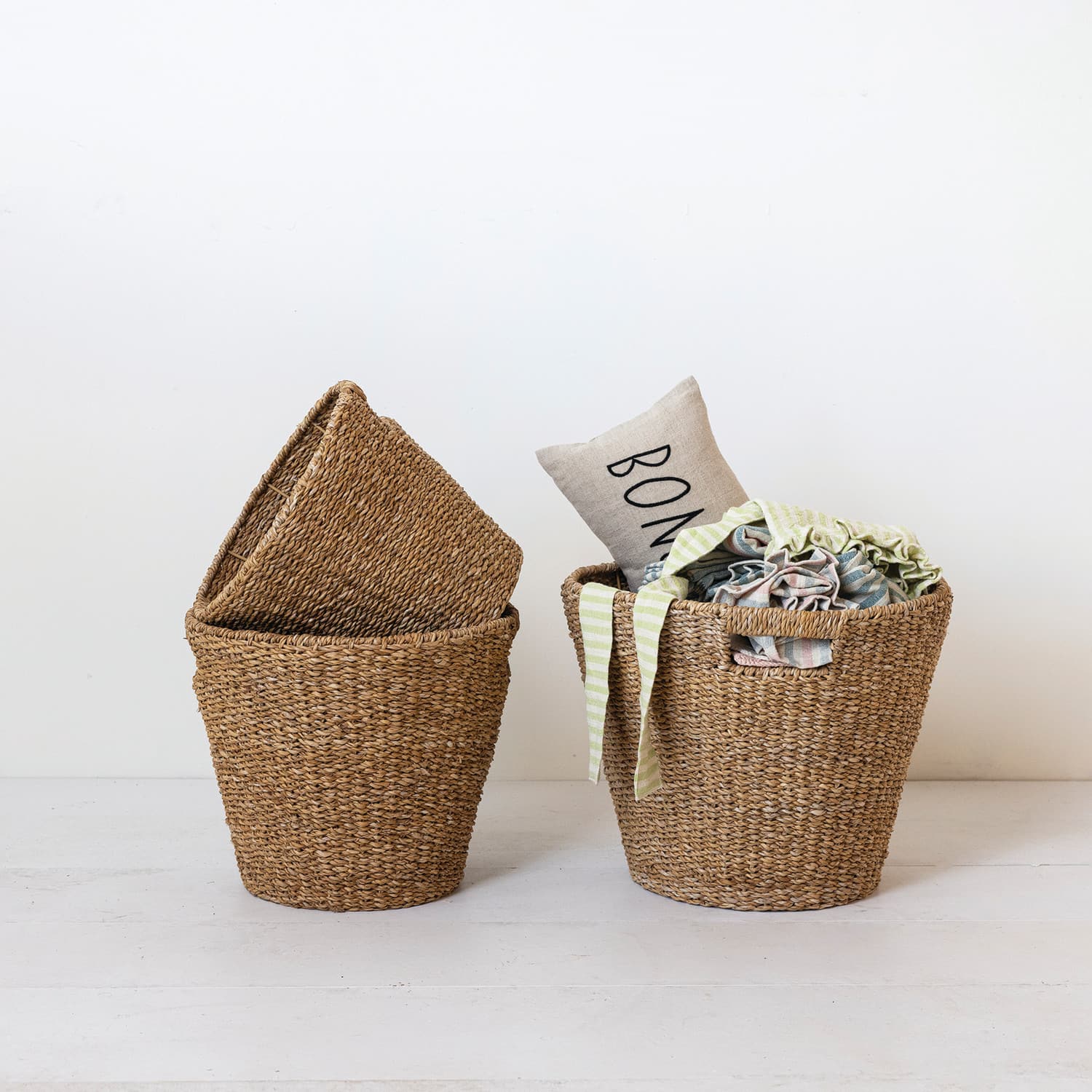 Hello Honey® Natural Round Decorative Handwoven Seagrass Cone Basket Set with Handles