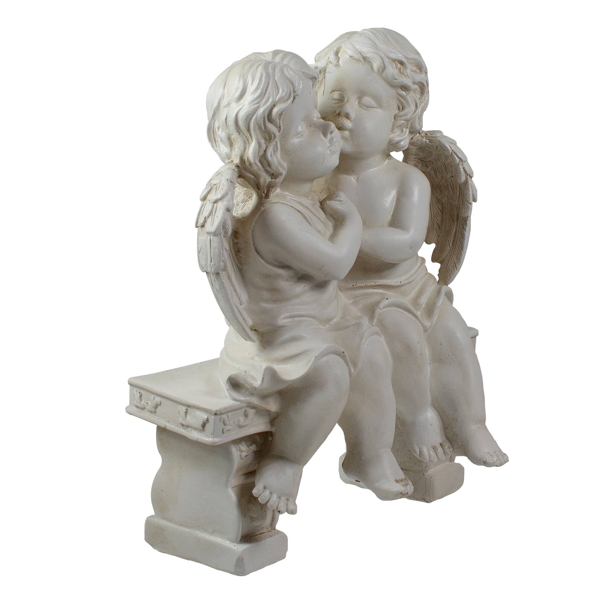 9.75&#x22; Kissing Cherubs Sitting on Bench Outdoor Garden Statue