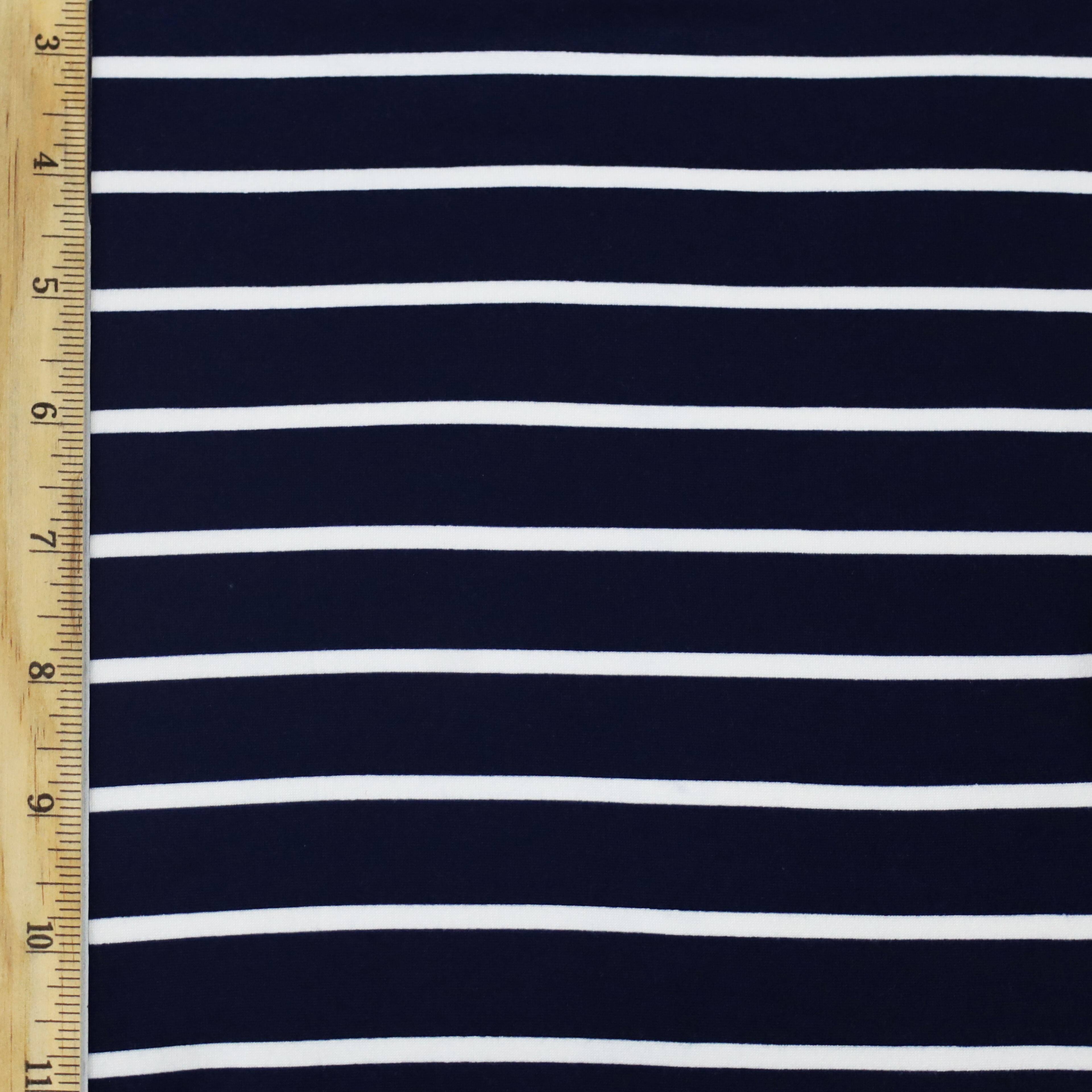 Fabric Merchants White Stripes on Navy Double Brushed 4-Way Stretch Fabric