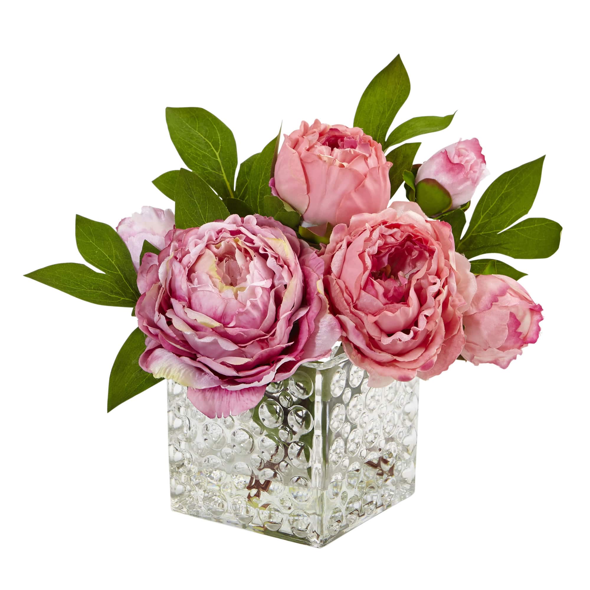 8.5&#x22; Pink Peony In Square Textured Glass Vase