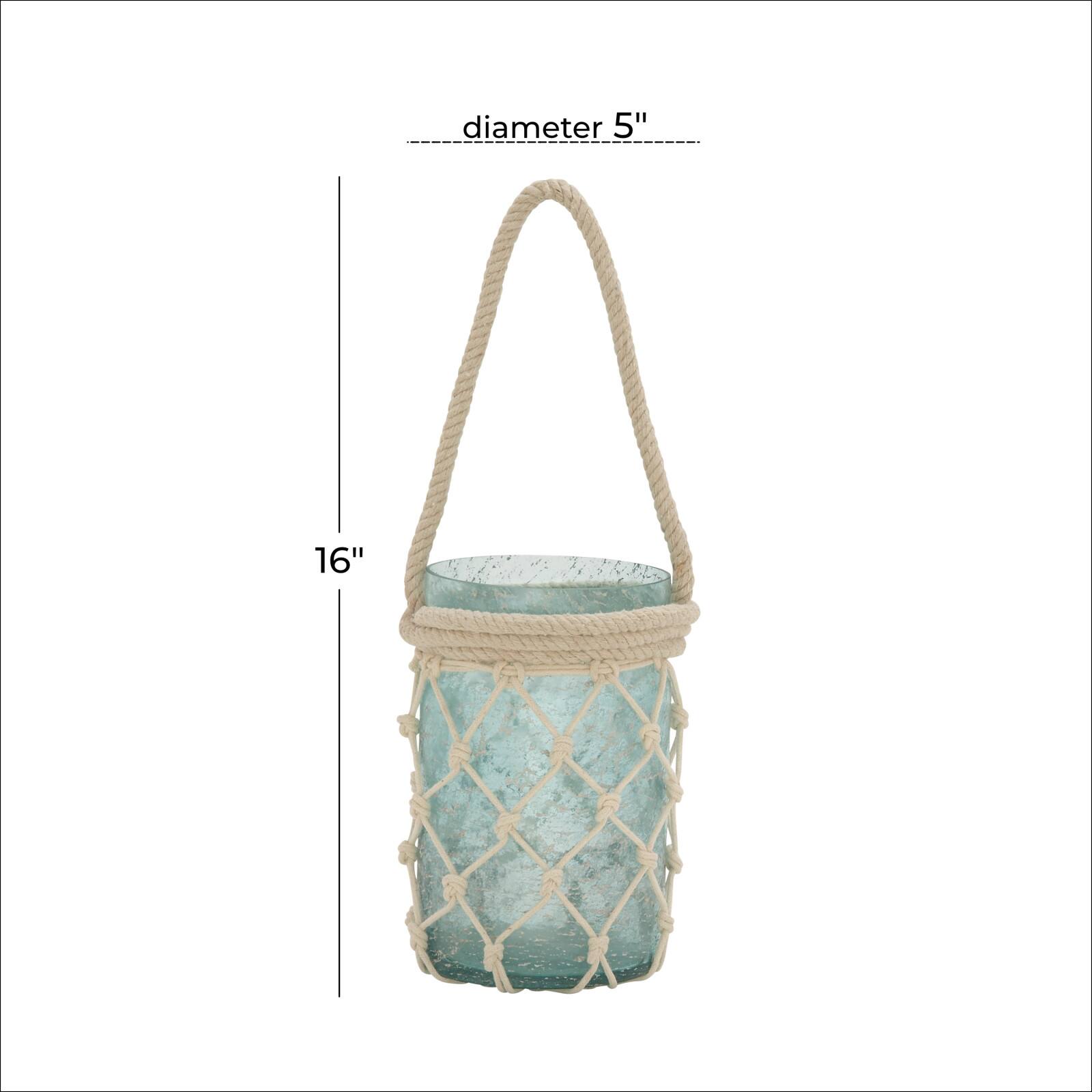 Aquamarine Glass Coastal Candle Holder Lantern, 16" x 5" x 5"