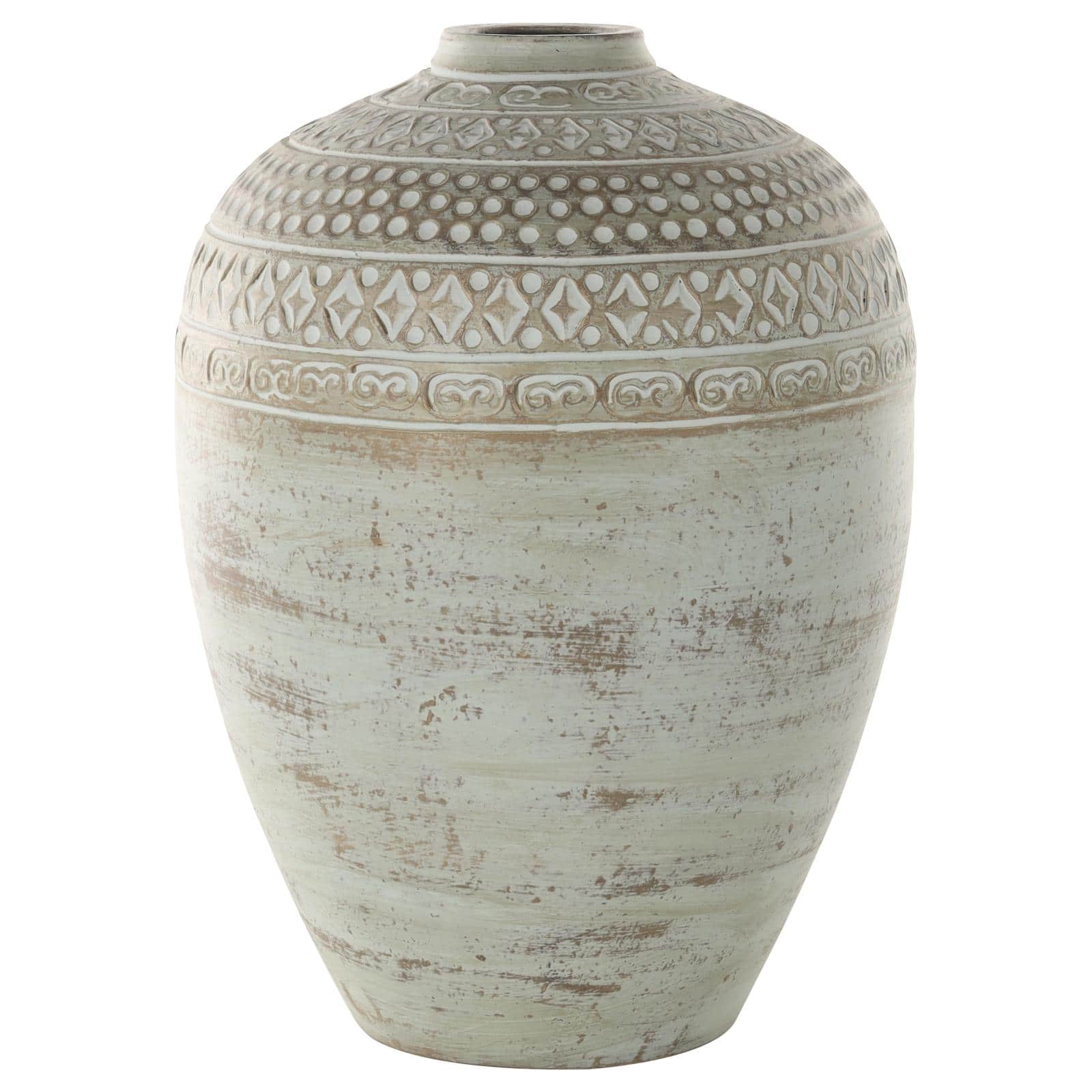 15.25" Green Ceramic Handmade Antique Style Decorative Vase with Geometric Tribal Carvings