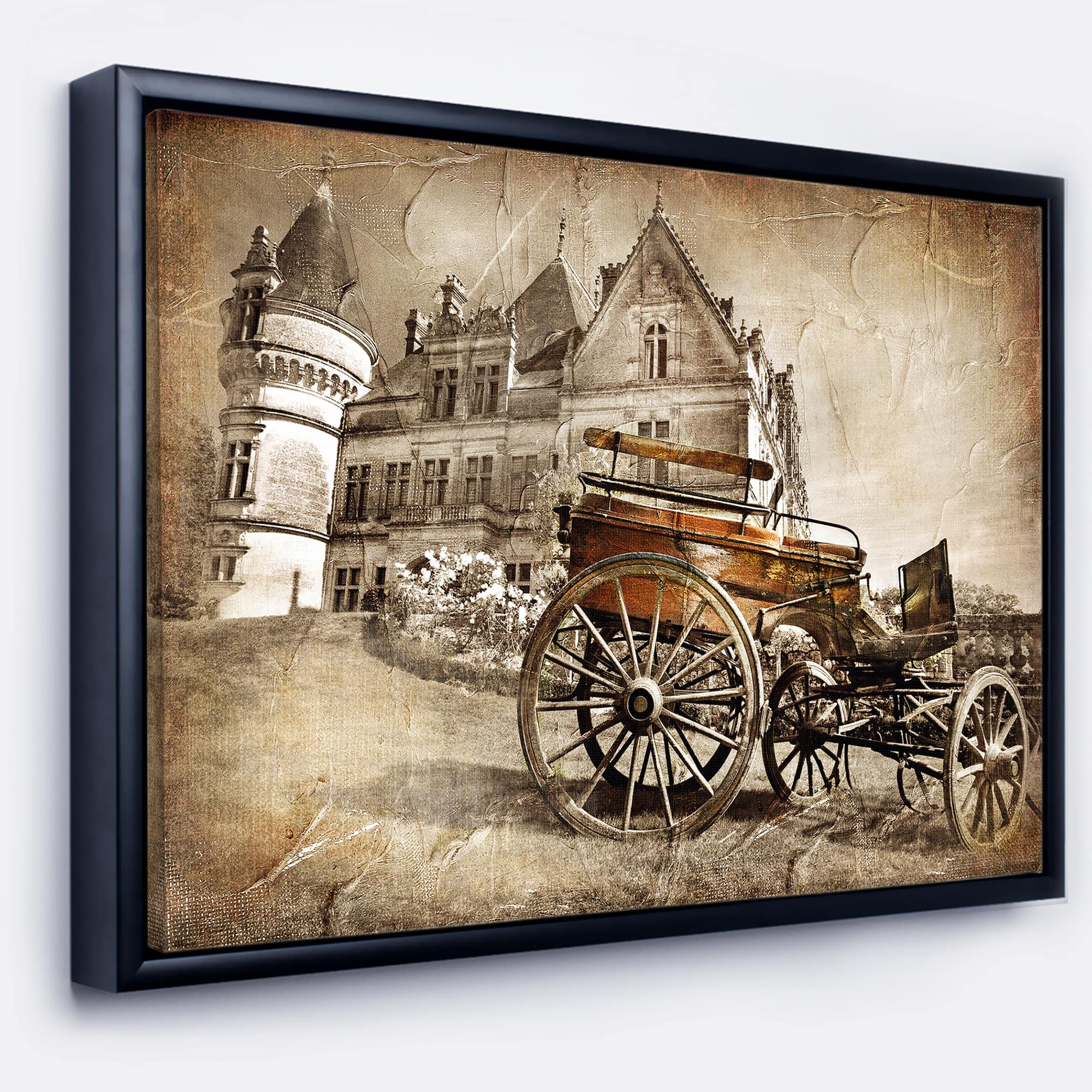 Designart - Medieval Castle with Carriage - Contemporary Canvas Art Print in Black Frame
