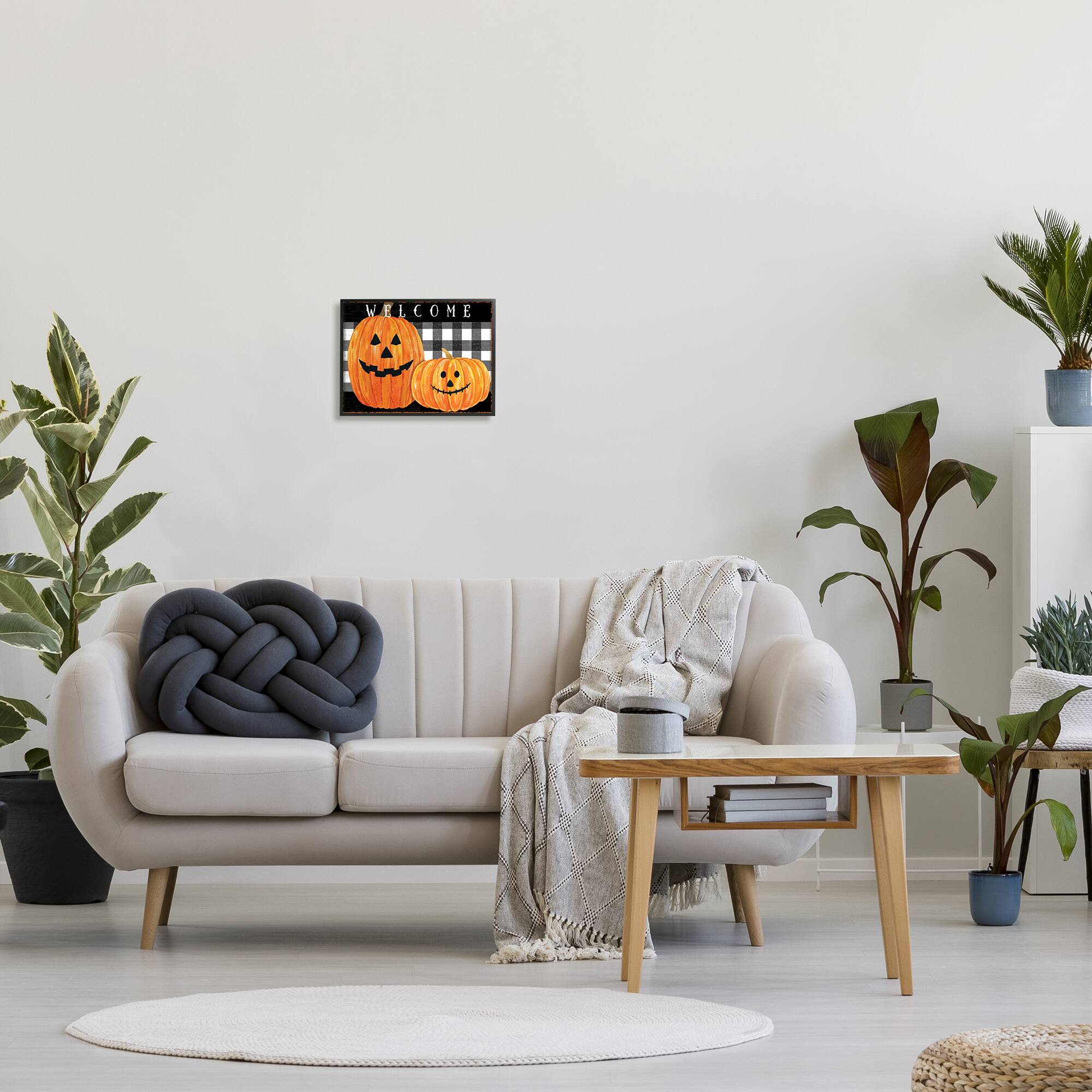 Stupell Industries Halloween Welcome Happy Pumpkins with Frame Wall Accent