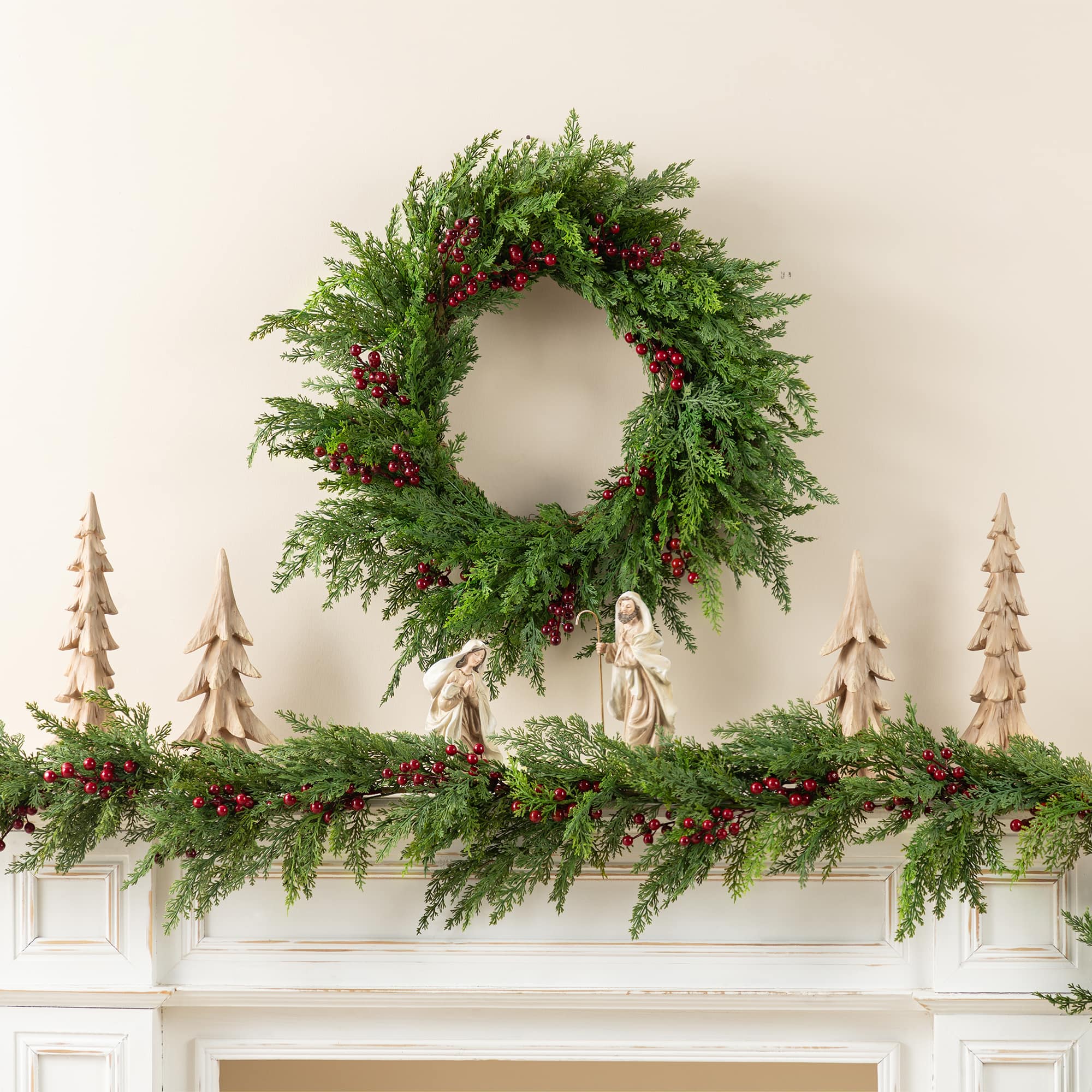 Glitzhome® 24"D Christmas Greenery PE Cedar Wreath with Red Berries