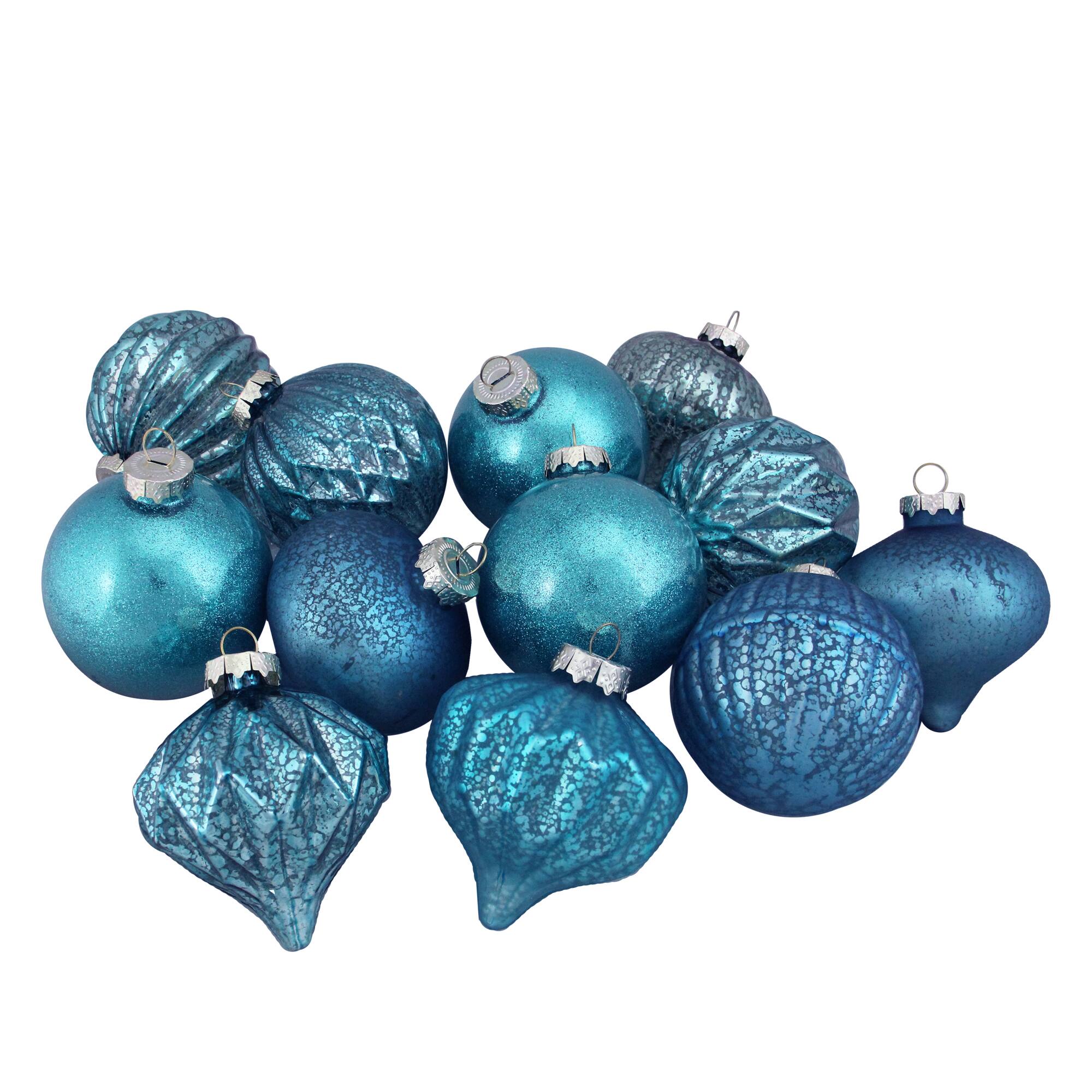 12ct. 3.75&#x22; Teal Blue 3-Finish Glass Ornaments