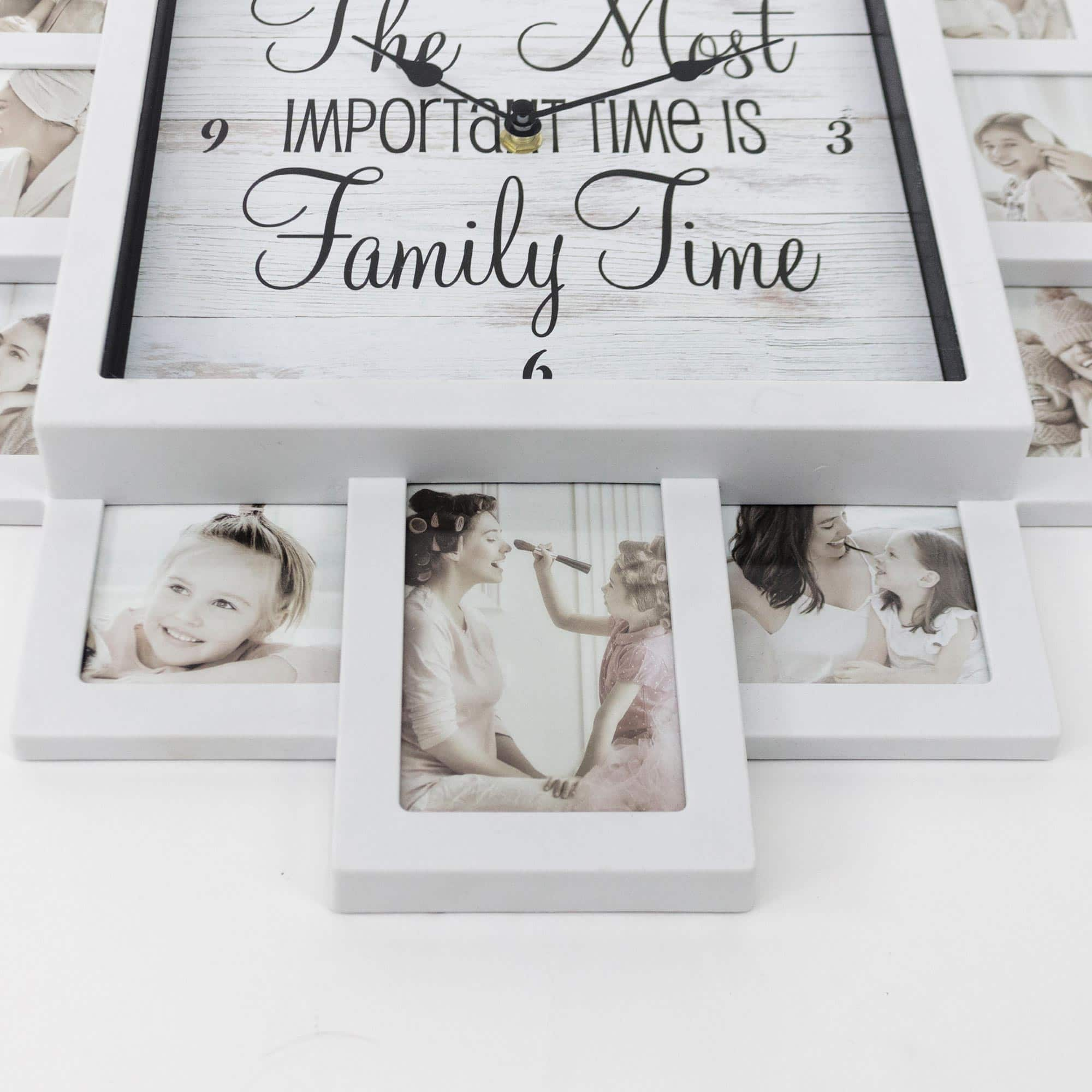 White Farmhouse Shabby-Chic &#x22;Family Time&#x22; Picture Frame Wall Collage Clock