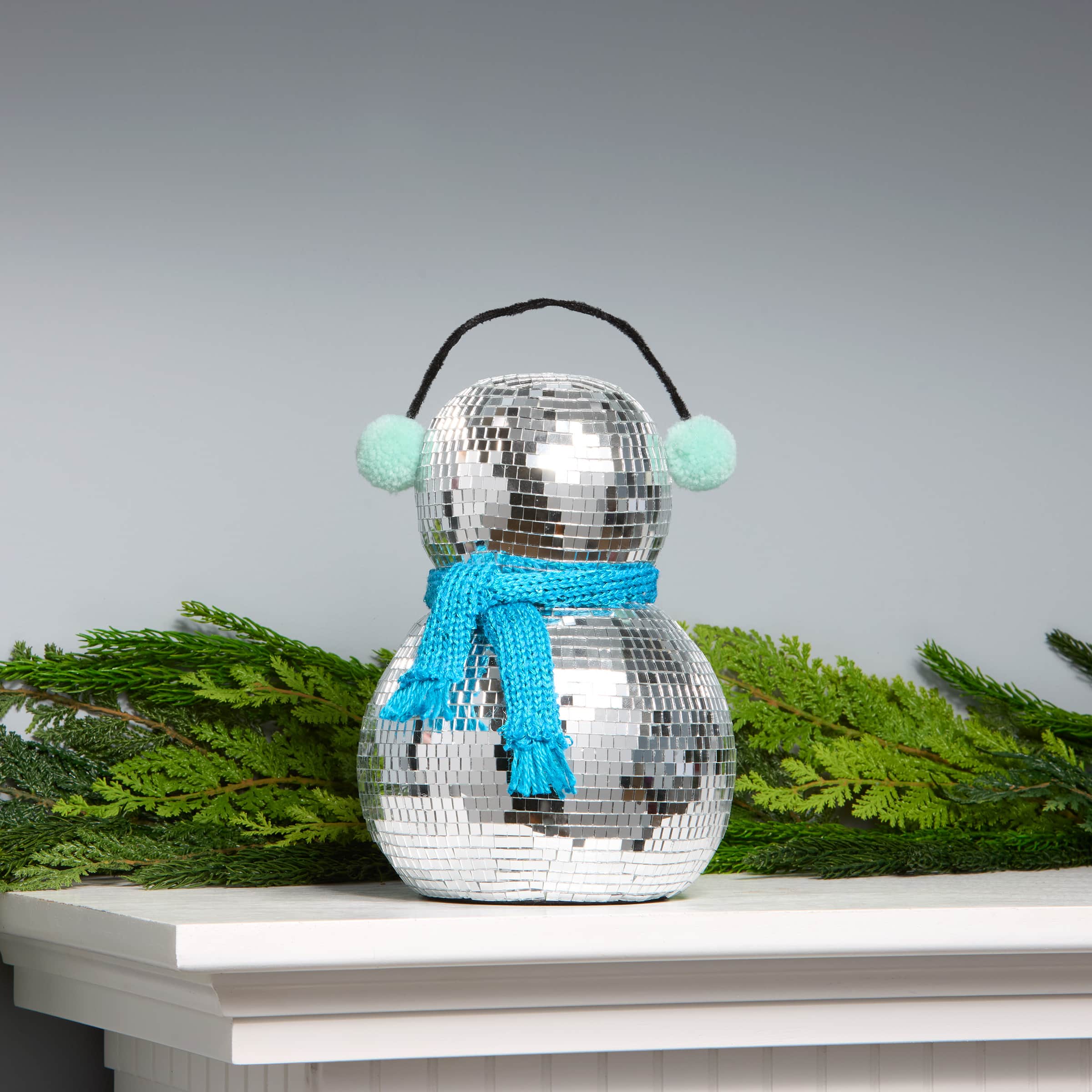 10&#x22; Disco Ball Snowman with Blue Scarf