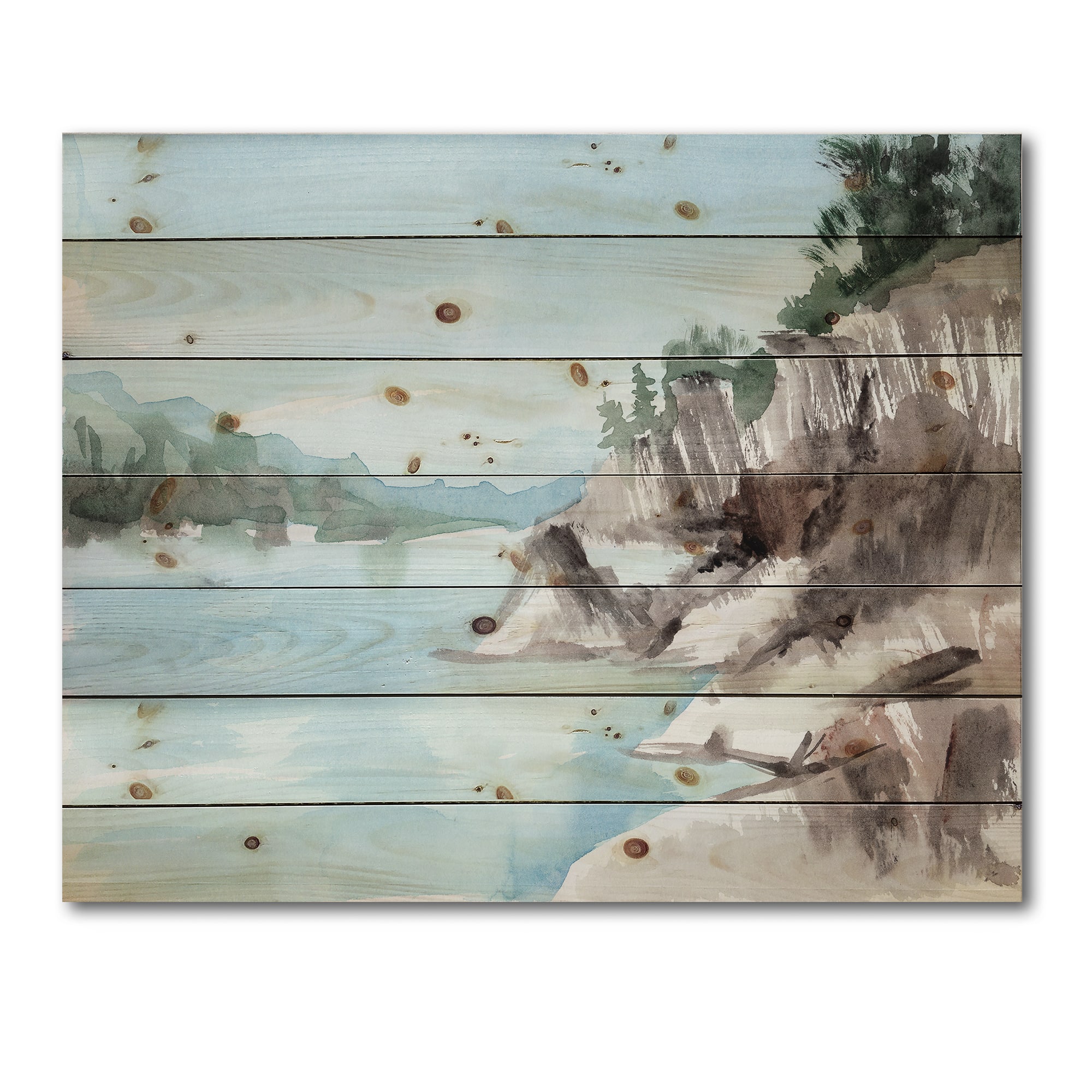 Designart - Rocks By The Blue Lake - Lake House Print on Natural Pine Wood