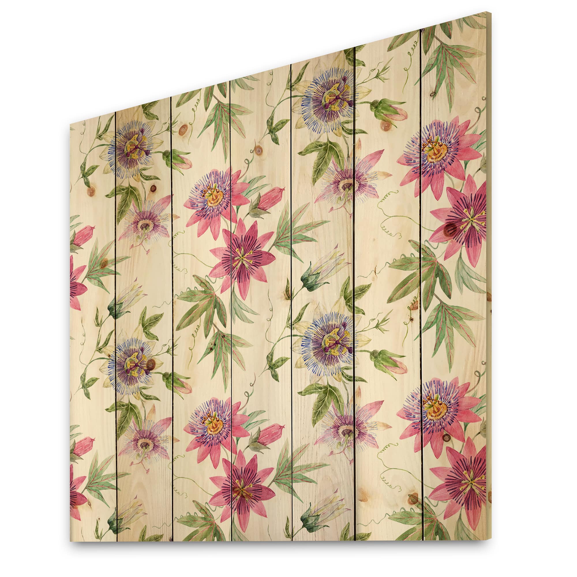 Designart - Pink Passionflower Flowers - Traditional Print on Natural Pine Wood