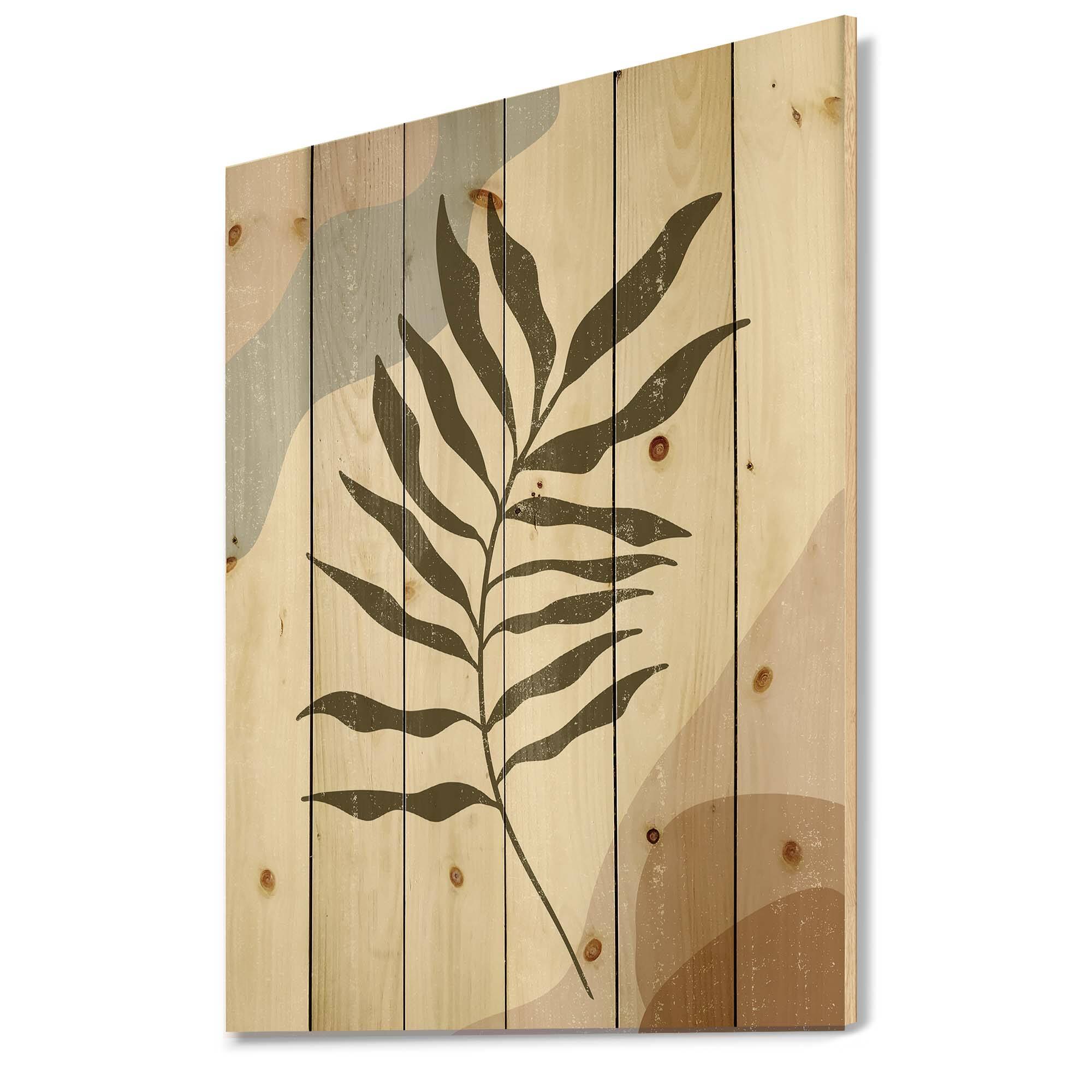 Designart - Botanical Minimalist Leaf In Earth Tones I - Modern Print on Natural Pine Wood