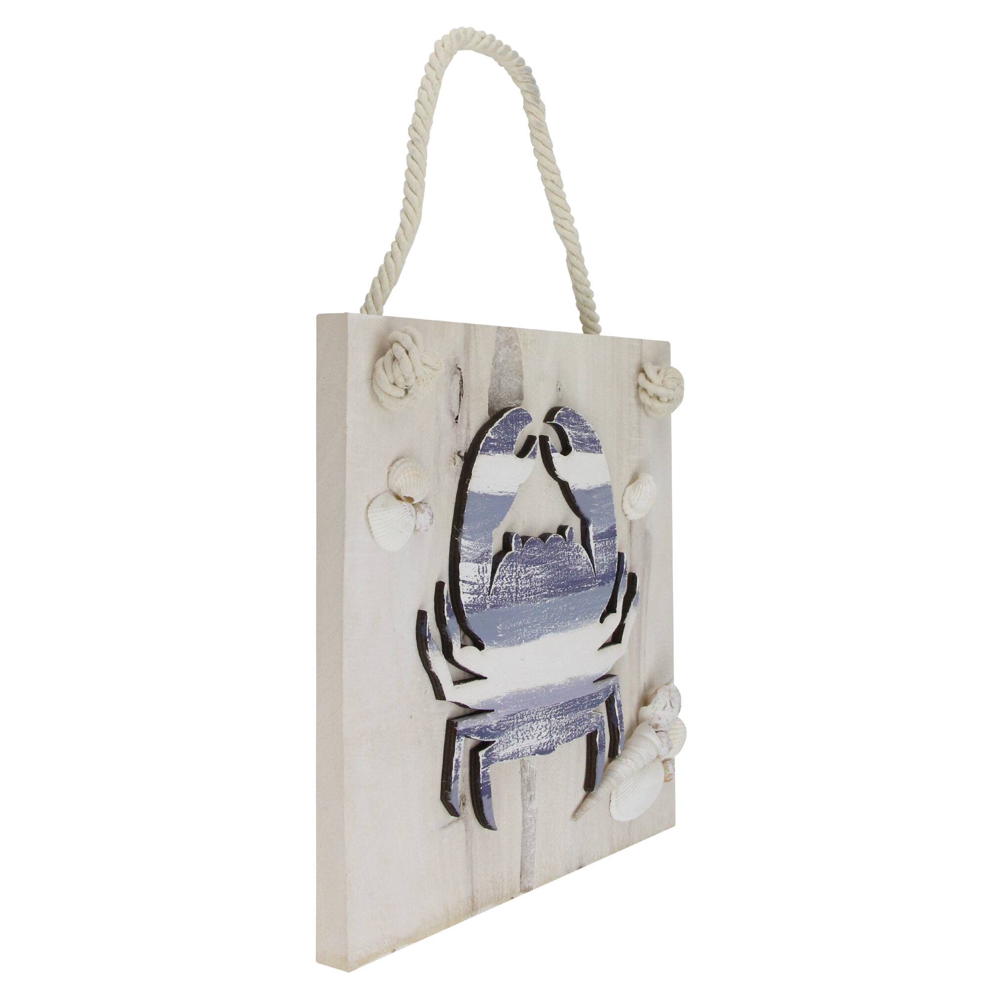 10" Blue & White Striped Hanging Nautical Crab Plaque with Sea Shells Wall Accent