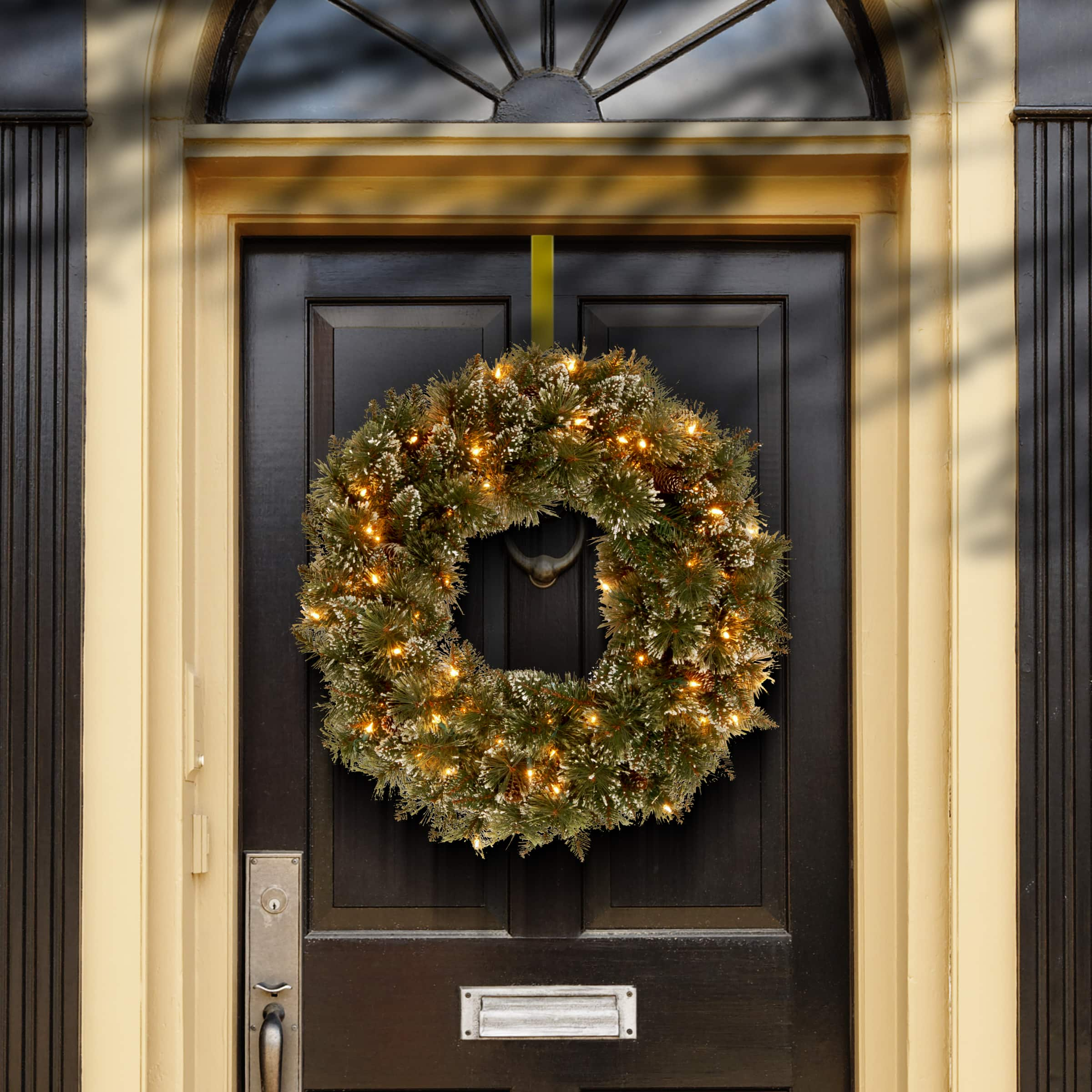 24&#x22; Glittery Bristle&#xAE; Pine Wreath with Pine Cones &#x26; Warm White LED Lights