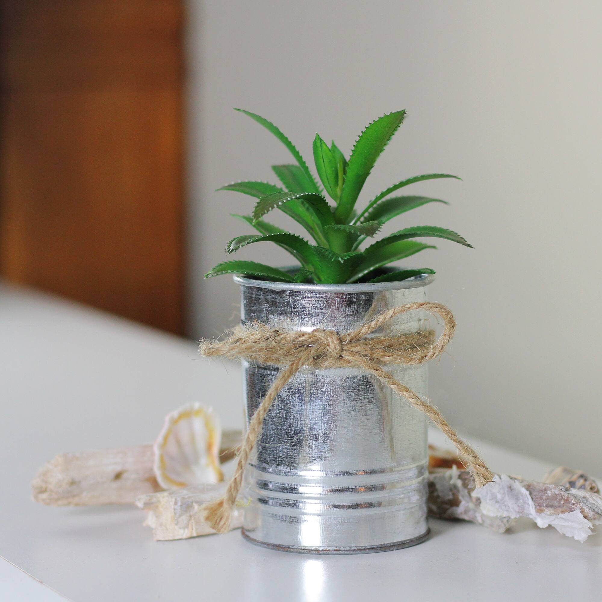 7&#x22; Tropical Green Artificial Mini Plant in Tin Planter