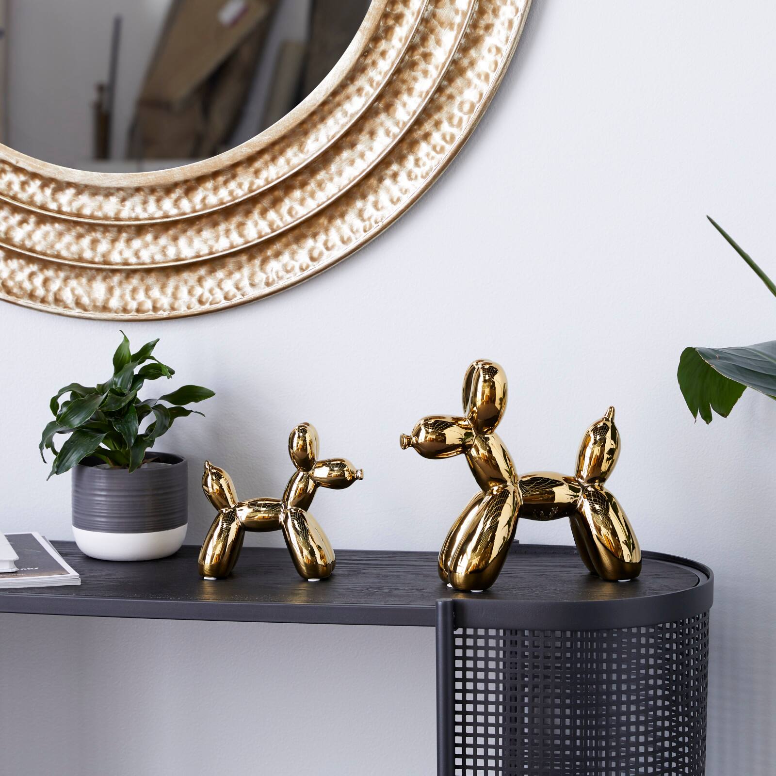 Set of 2 Gold Porcelain Contemporary Dog Sculpture, 7&#x22;, 9&#x22;