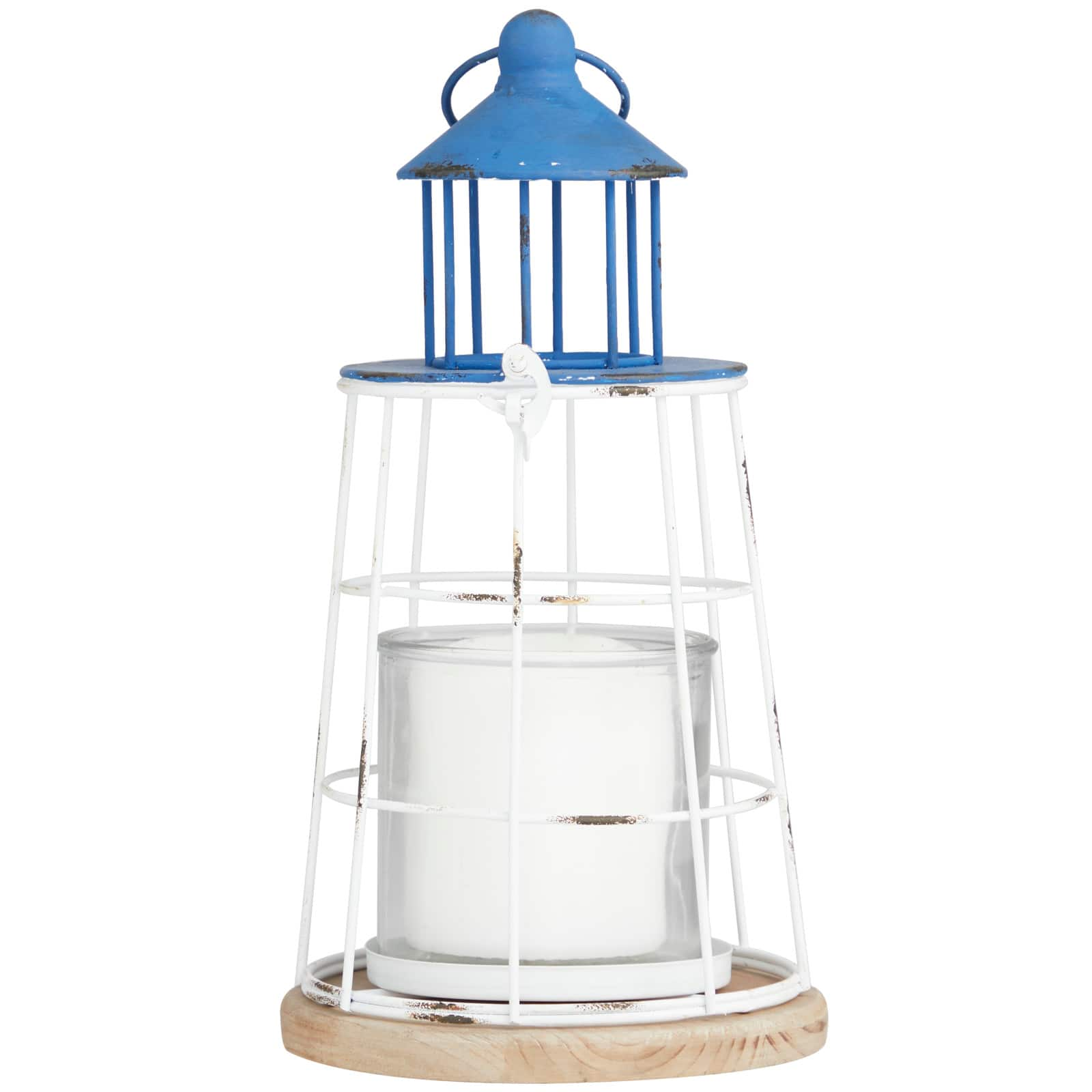 12&#x22; Blue Metal Distressed Decorative Light House Candle Lantern