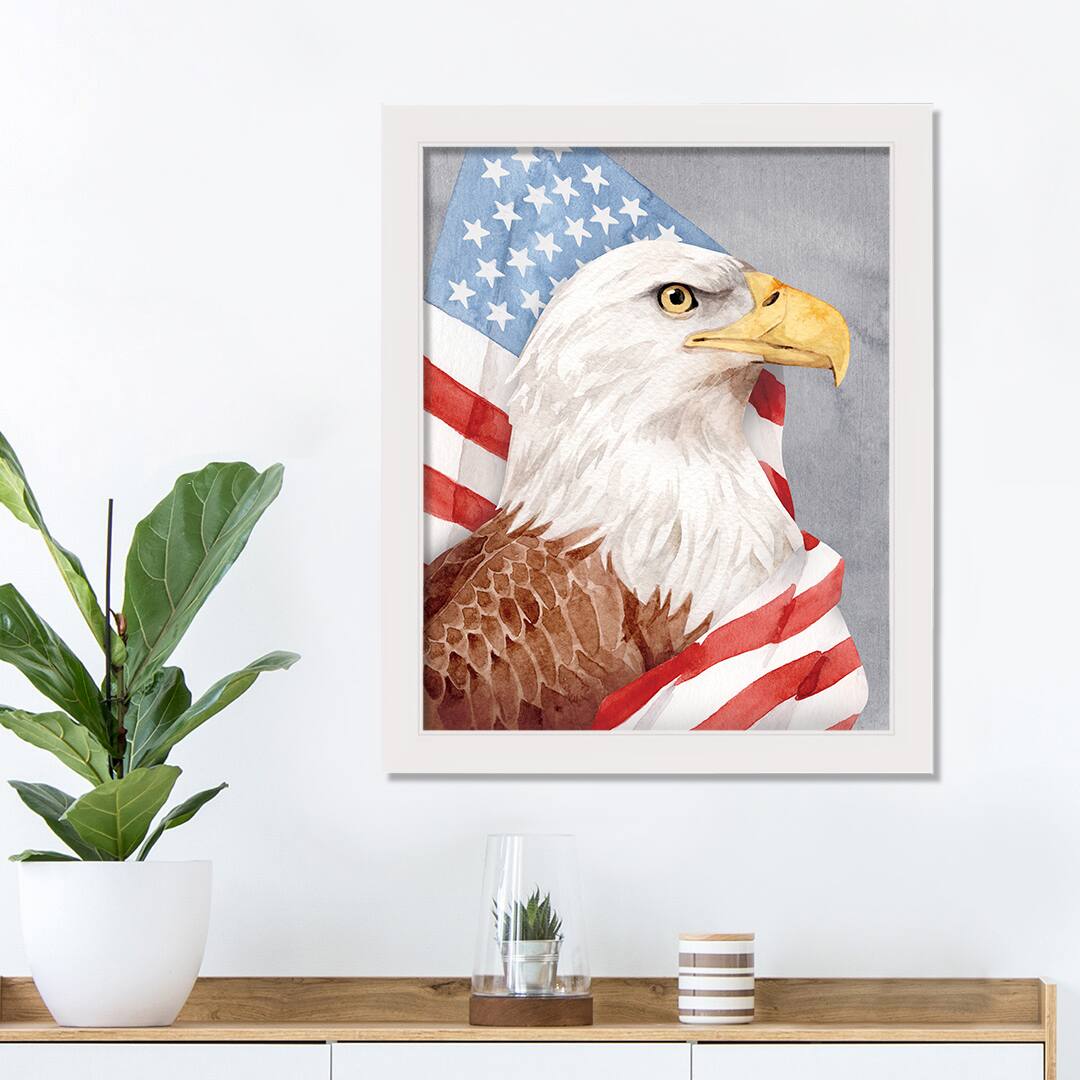 Patriotic Eagle White Framed Canvas