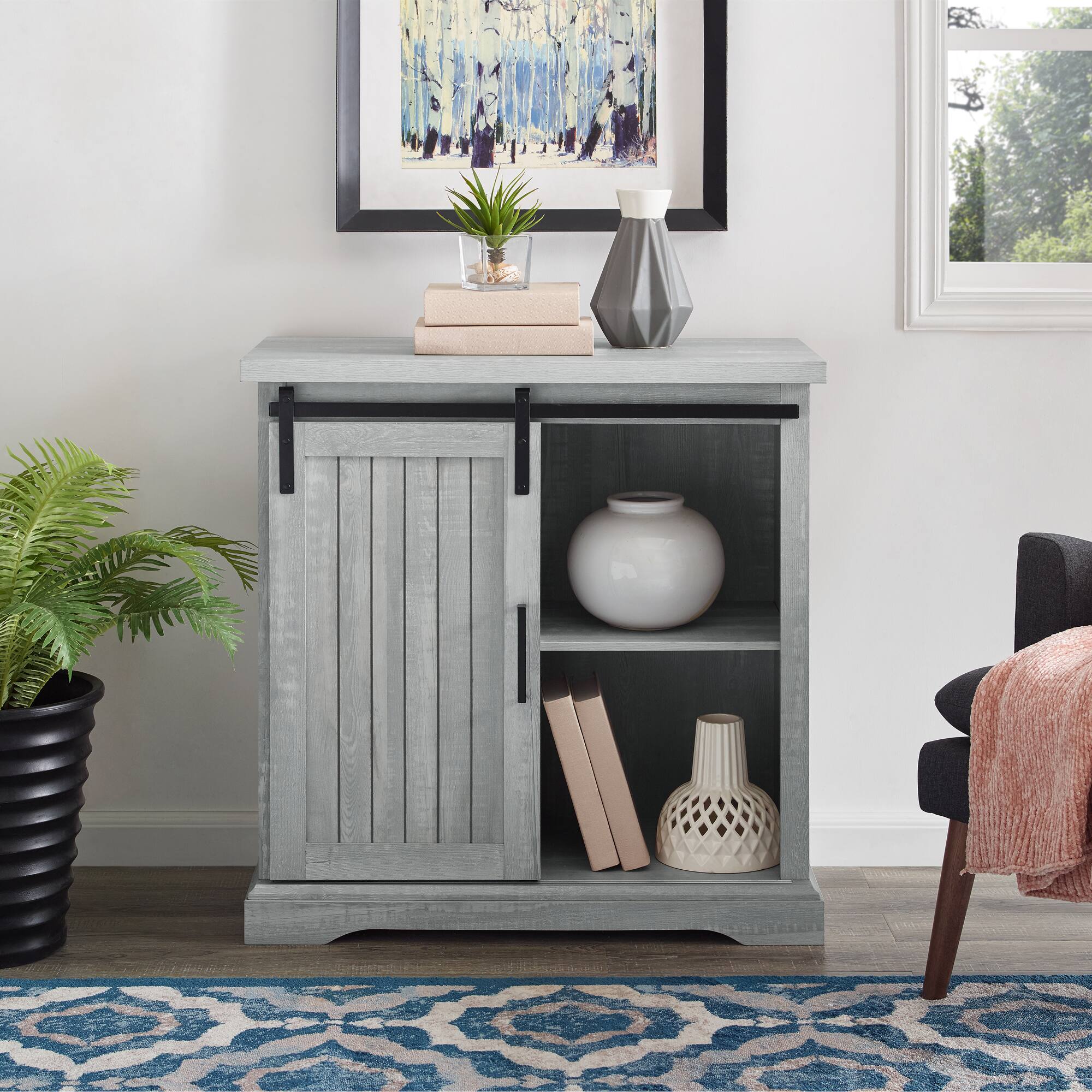 Walker Edison 32&#x22; Stone Grey Sliding Grooved Door Modern Accent Cabinet